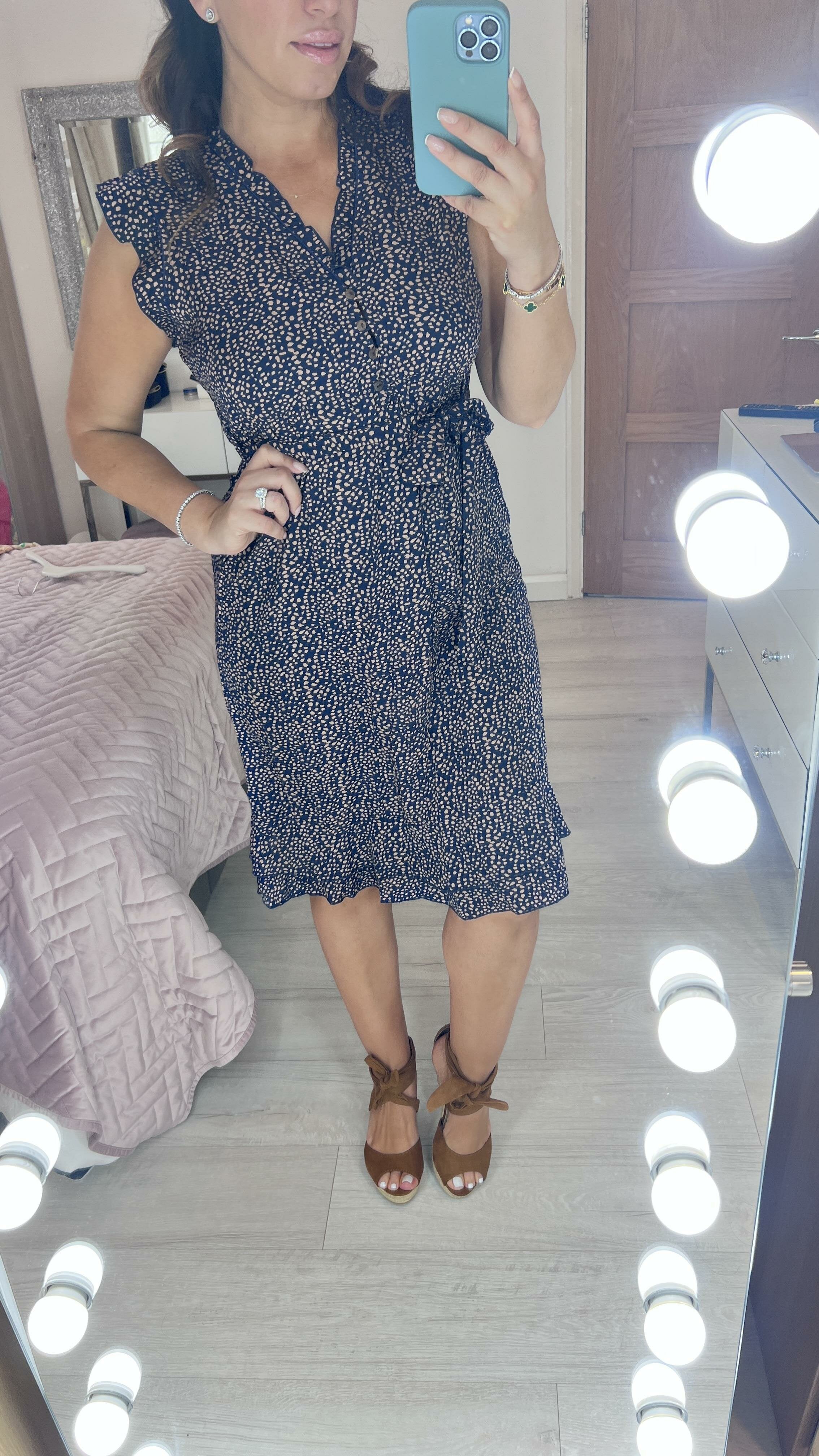Heather Navy Speckled Print Frill Hem Dress