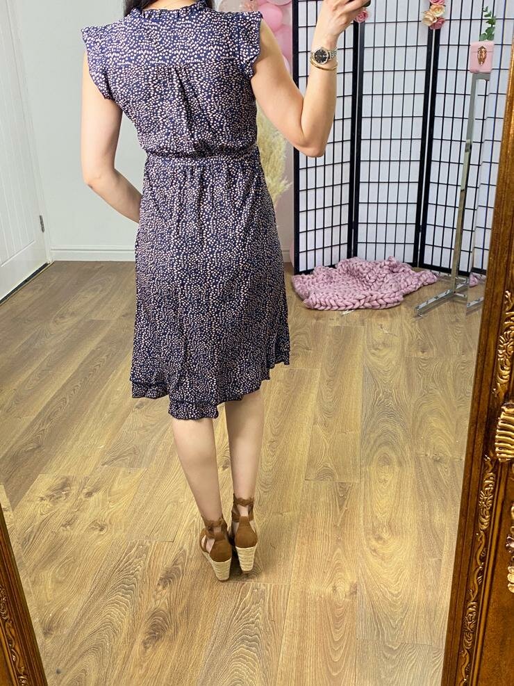 Heather Navy Speckled Print Frill Hem Dress
