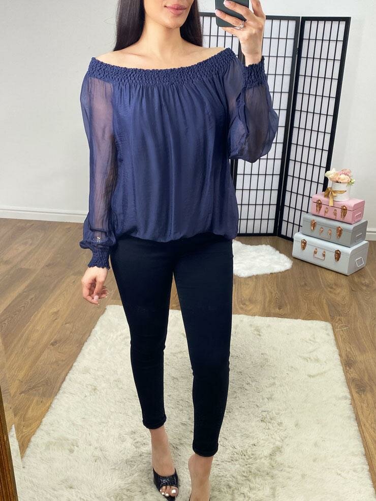 Hilder Plain Sheer Sleeve Bardot Top