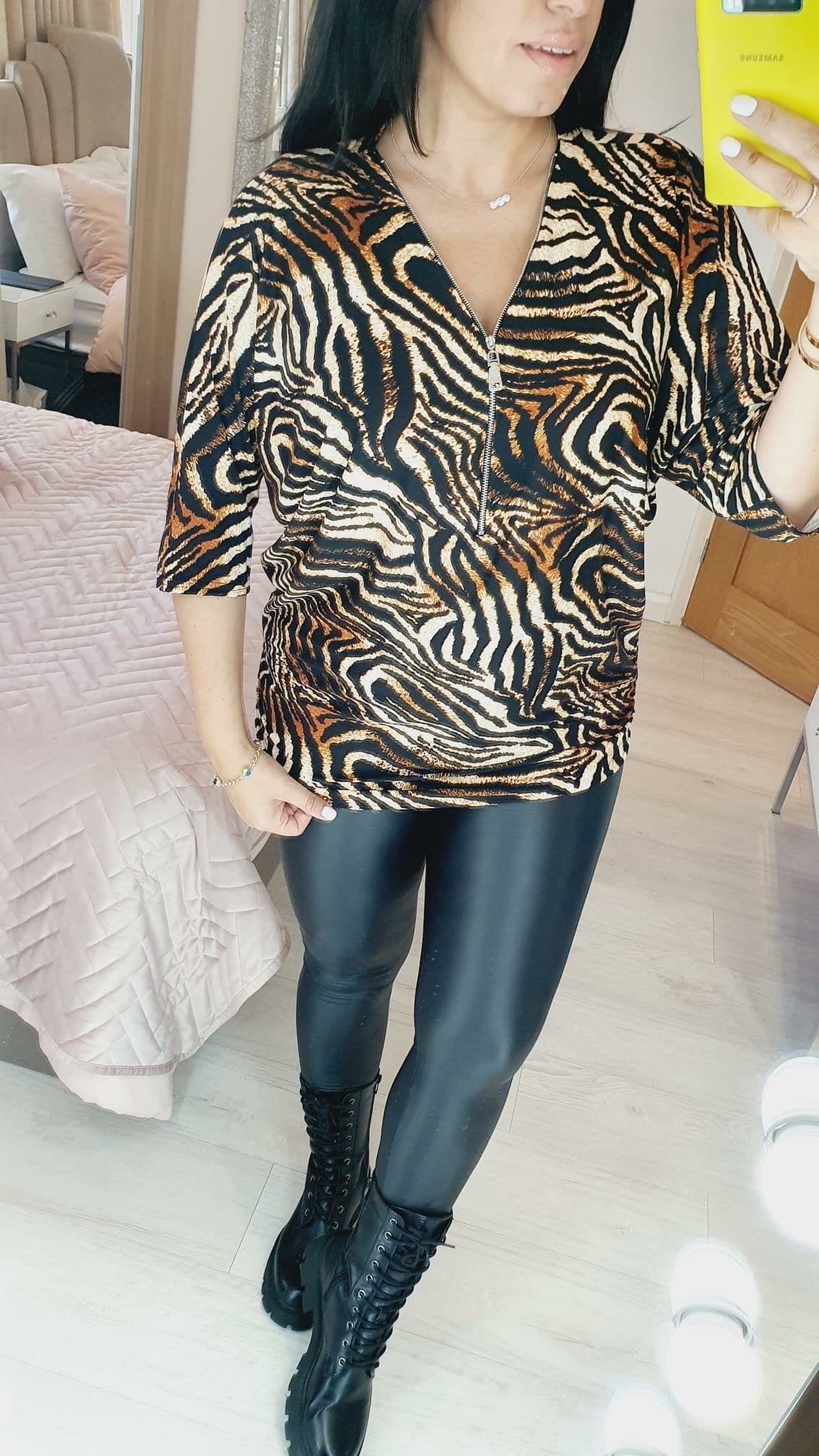 Hunny Tan Tiger Print Zip Detail Super Soft Batwing Top