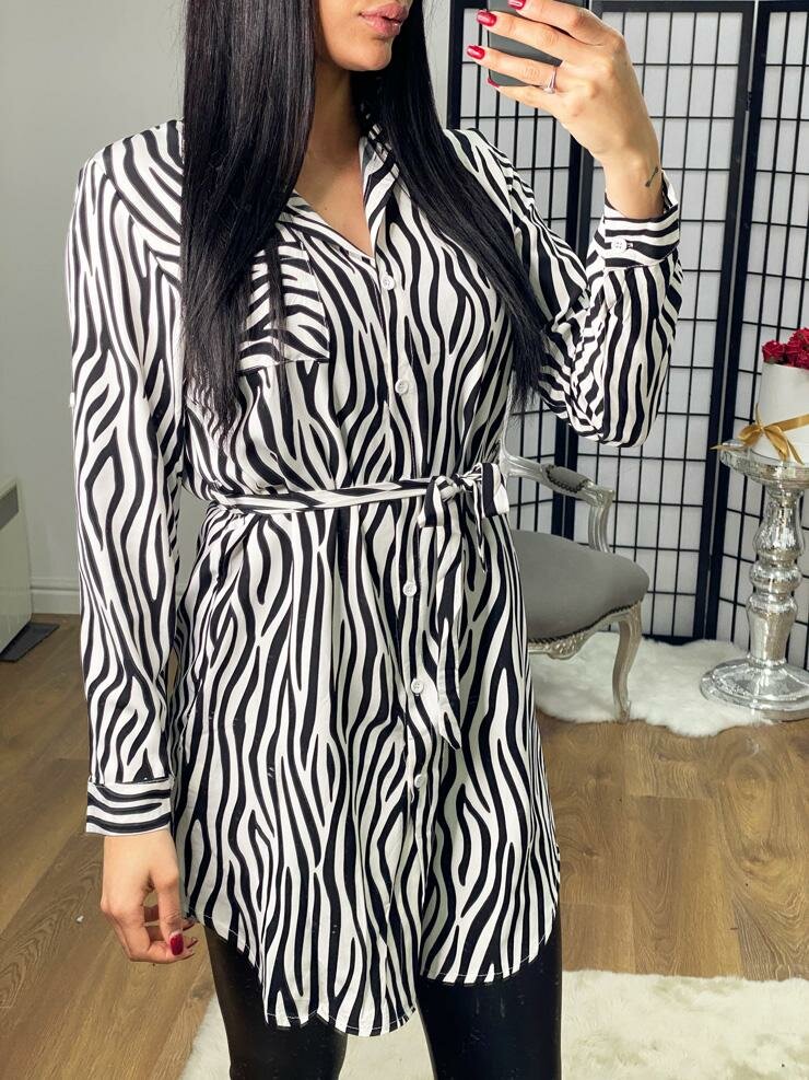 Rosaleigh Zebra Print Tie Waist Button Blouse