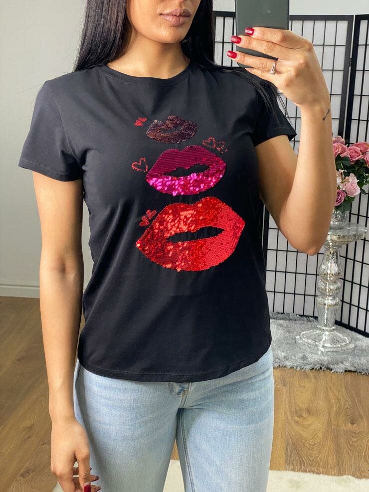Sage Red Sequin Lips Detail T-Shirt