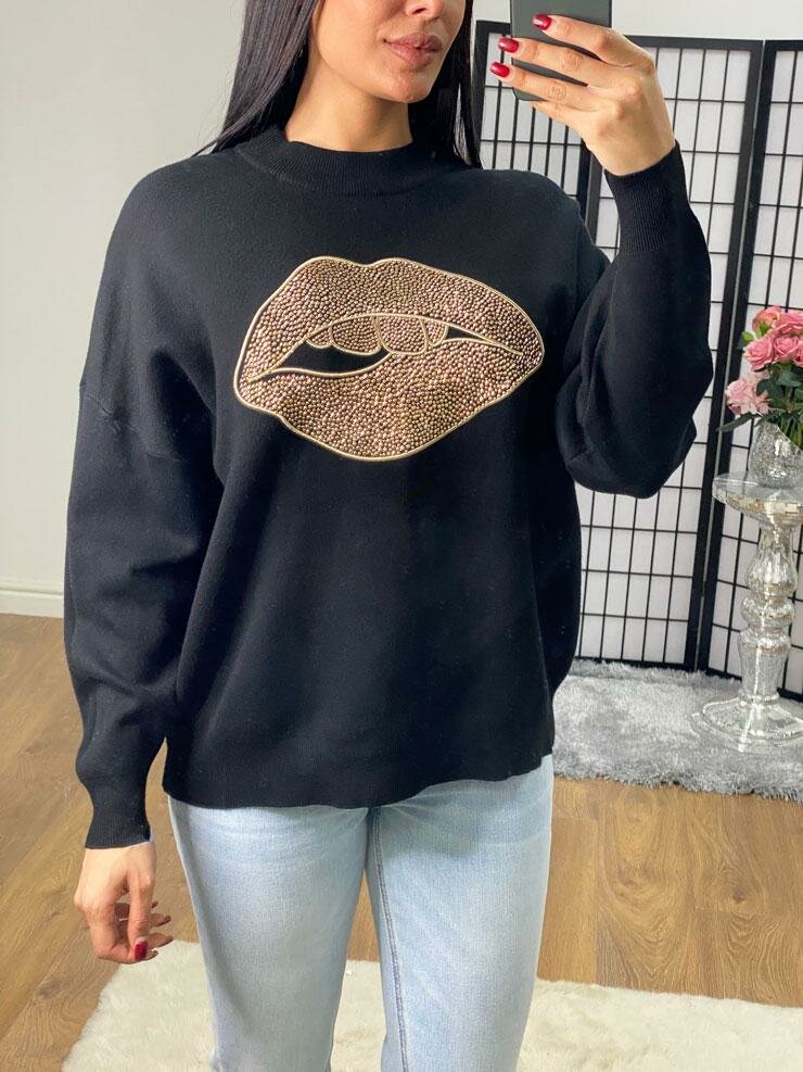 Sicily Oversized Studded Gold Lips Detailed Knit Jumper