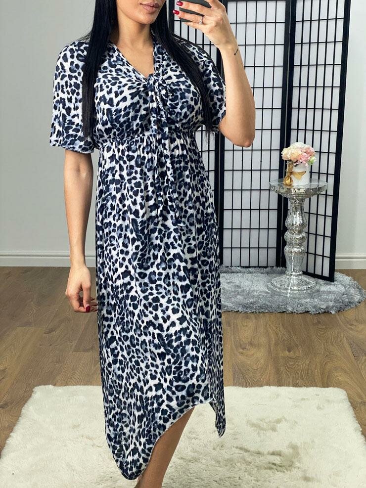 Darleen Leopard Print Tie Knot Drape Midi Dress