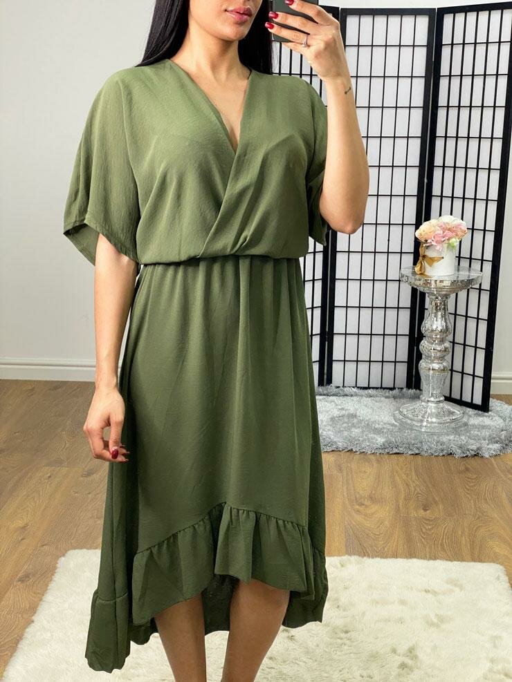 Zira Dipped Hem V-neck Wrap Style Floaty Midi Dress