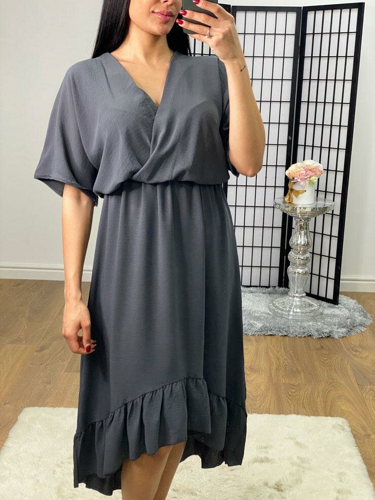 Zira Dipped Hem V-neck Wrap Style Floaty Midi Dress