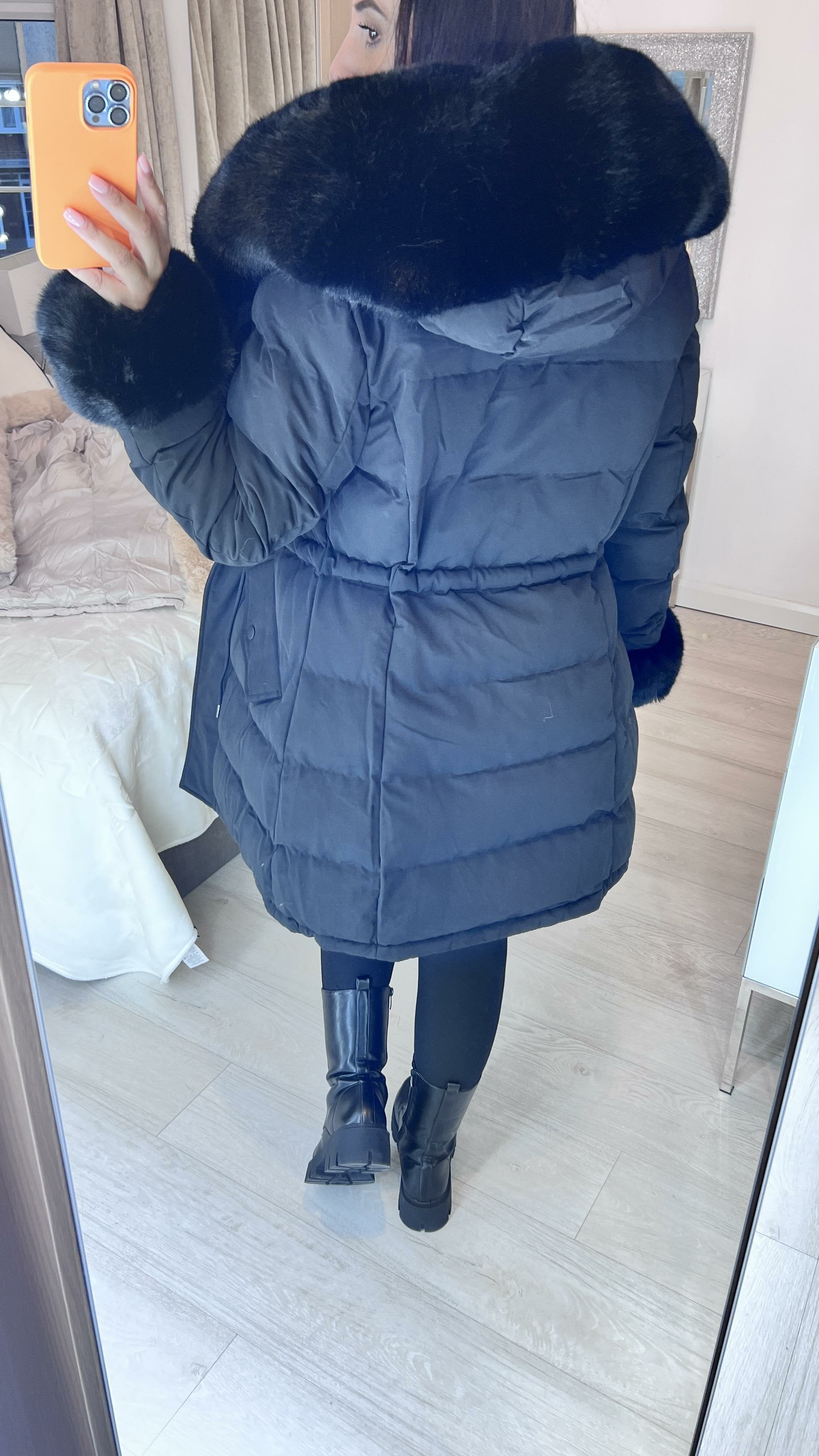 Vienna Black Luxury Faux Fur Trim Coat