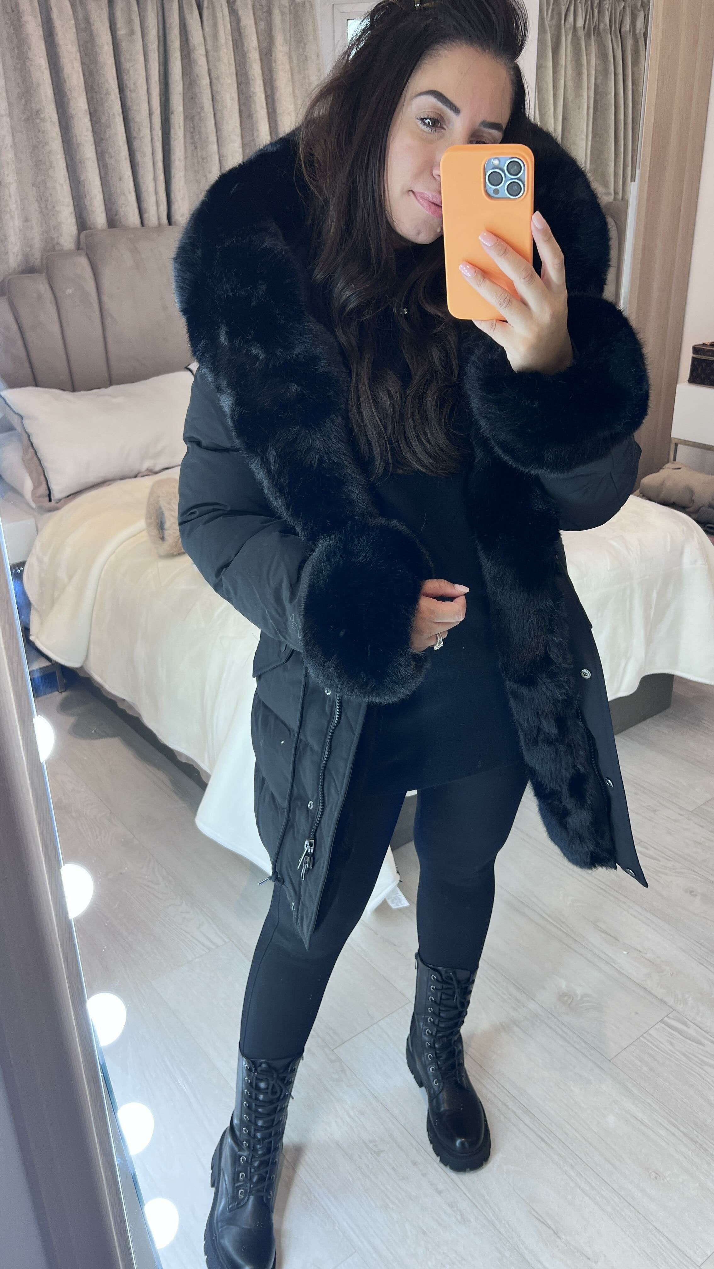 Vienna Black Luxury Faux Fur Trim Coat