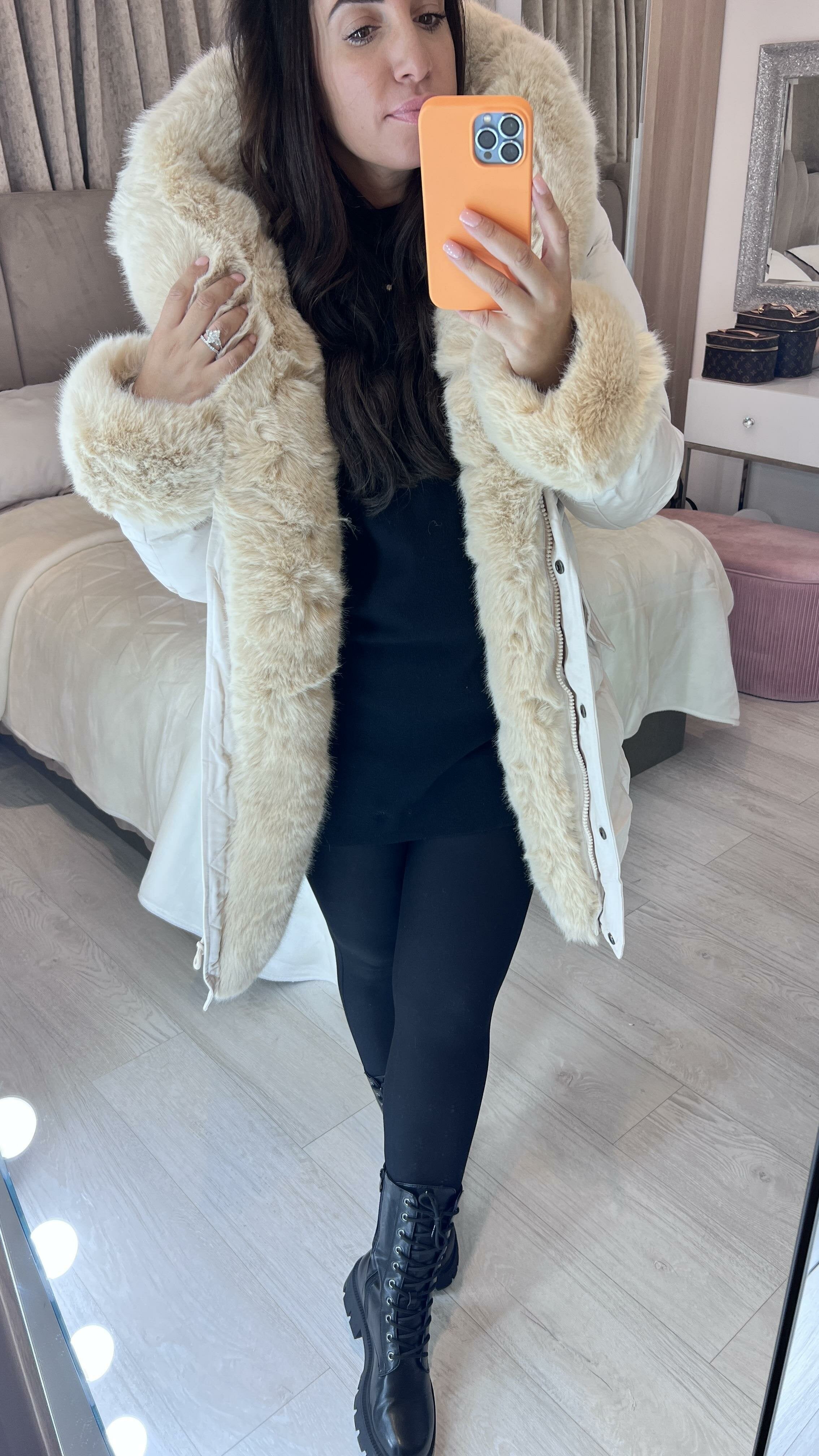 Vienna Beige Luxury Faux Fur Trim Coat