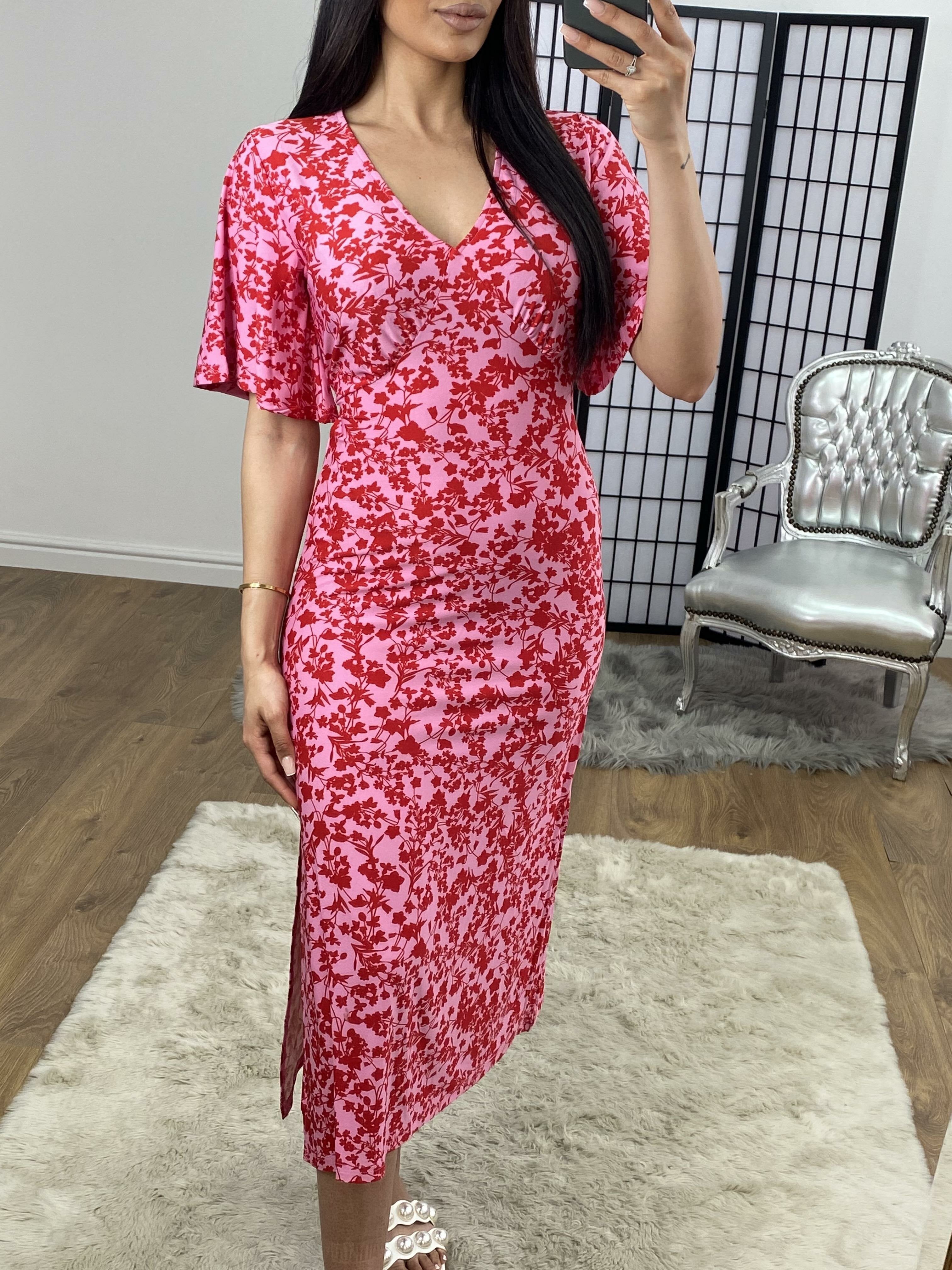 Breanna Pink Tie Waist Floaty V-neck Swing Dress