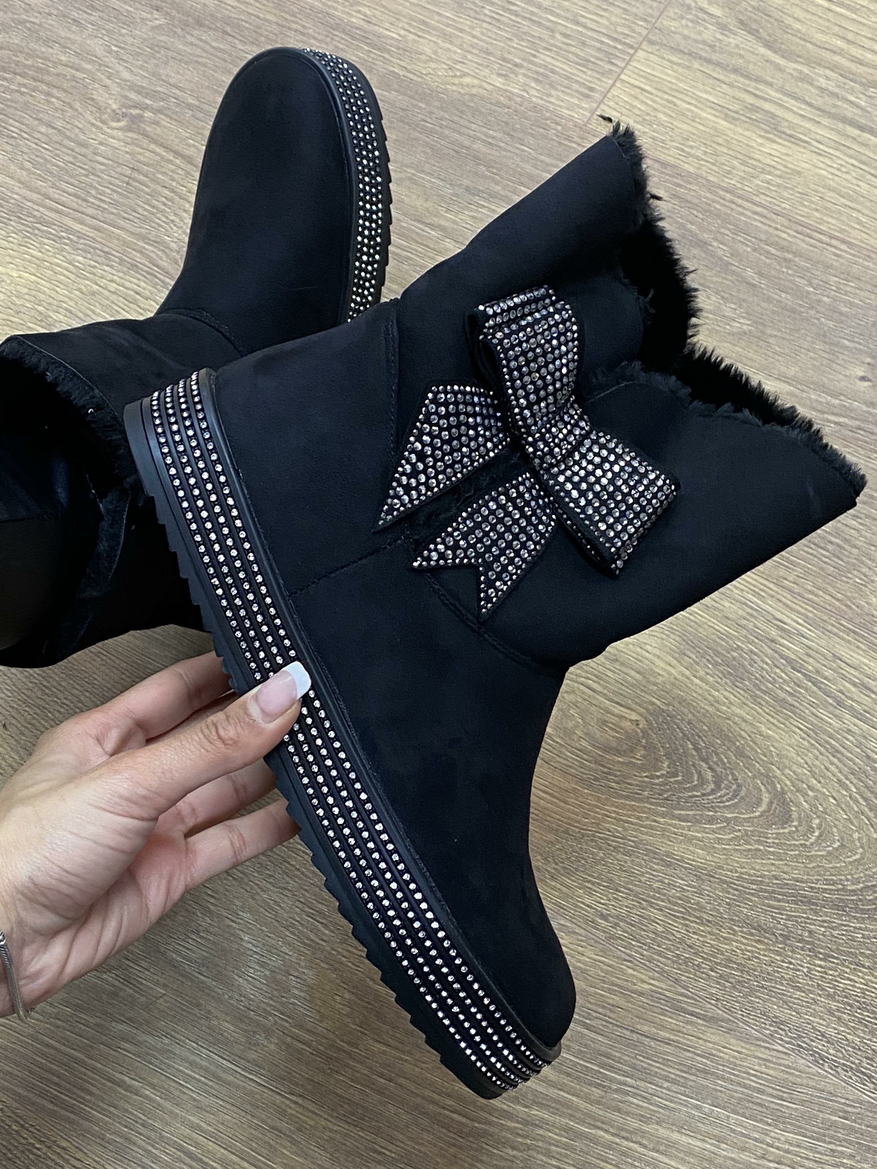 Melcie Black Faux Suede Diamante Bow Detailed Boots