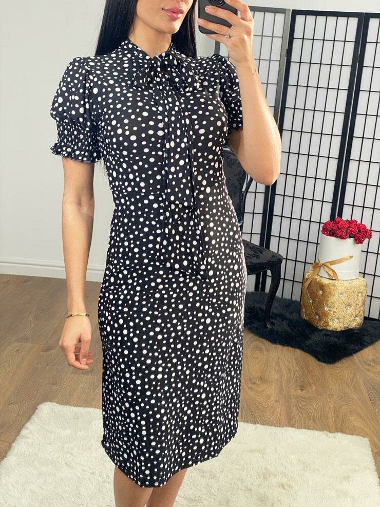 Carneal Polka Dot Puff Sleeve Tie Neck Midi Dress