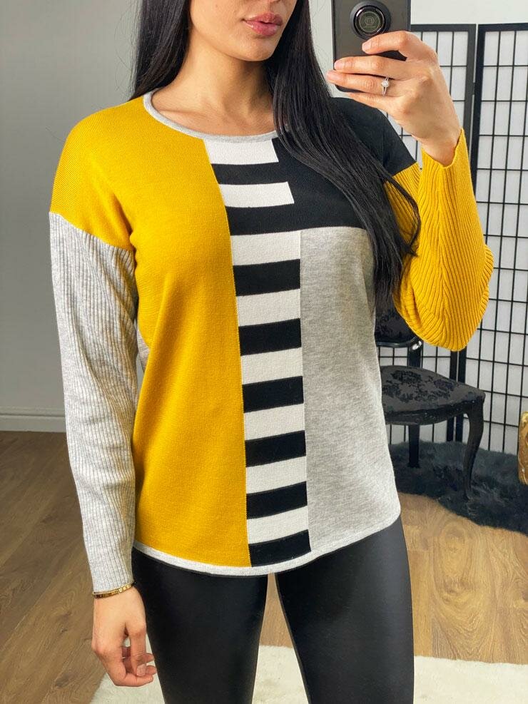 Gabbie Mustard Ribbed Stripe Detail Thin Knit Jumper