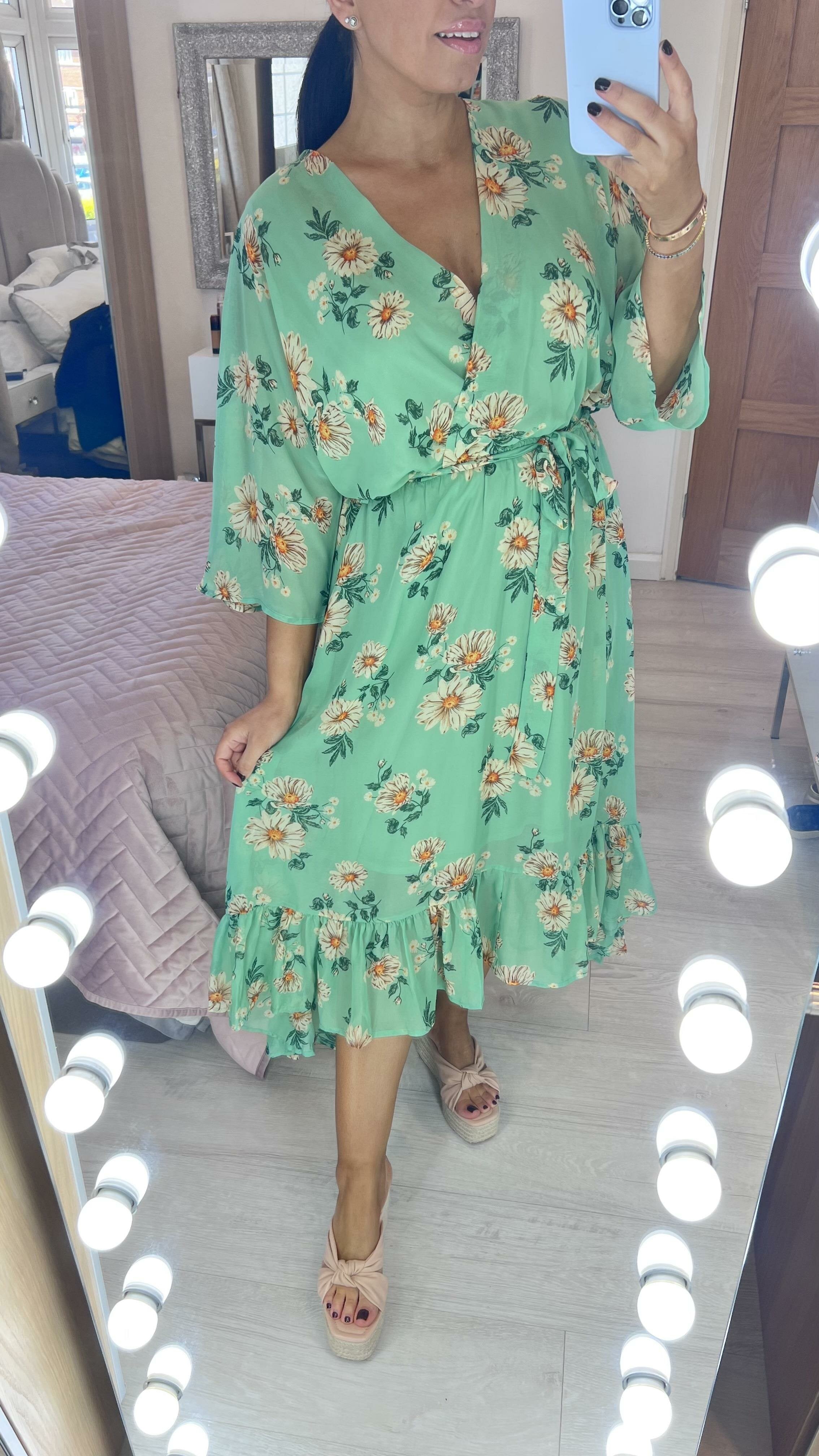 Cristala Green Floral Print Dip Hem Ruffle Dress