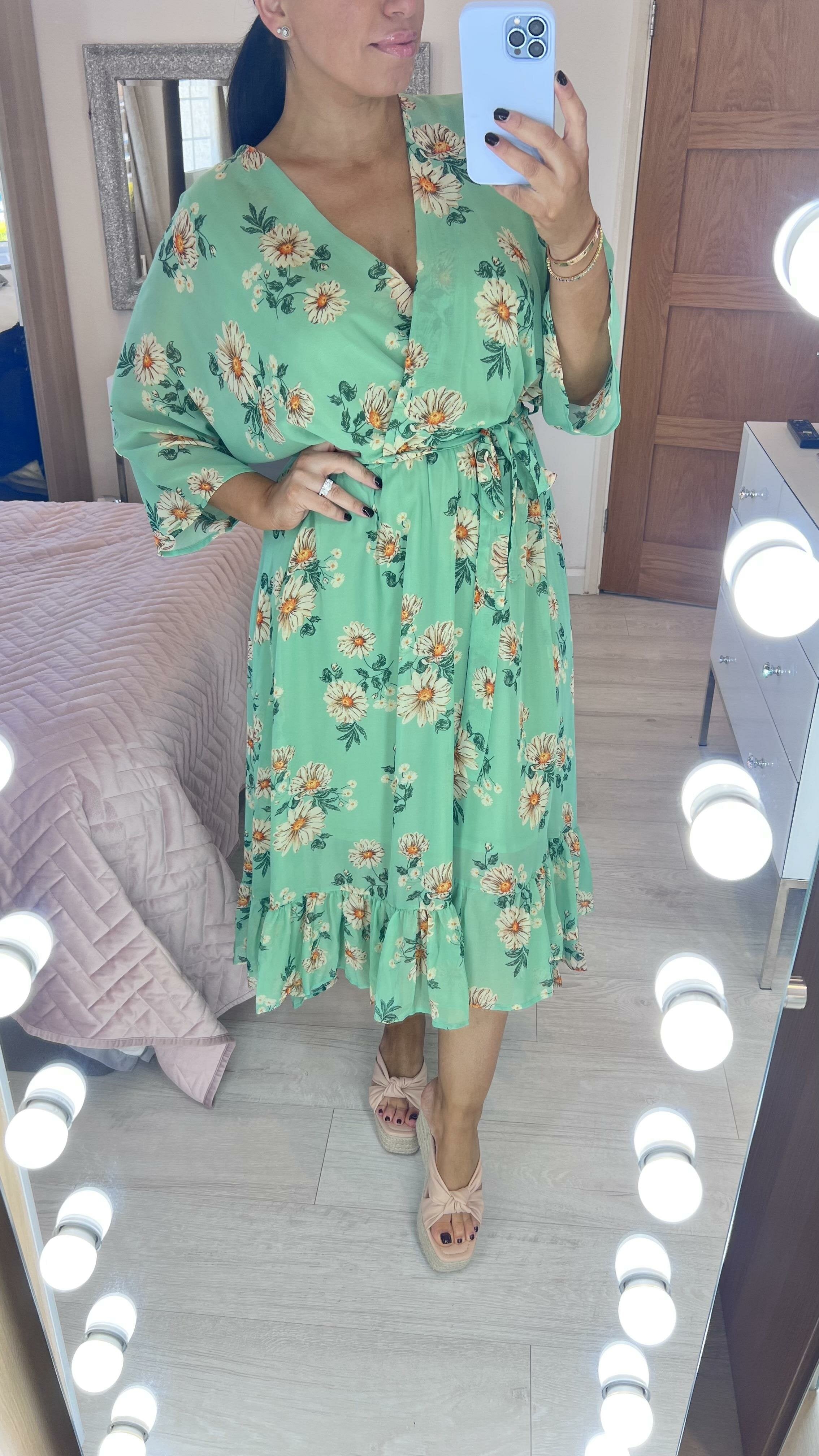 Cristala Green Floral Print Dip Hem Ruffle Dress