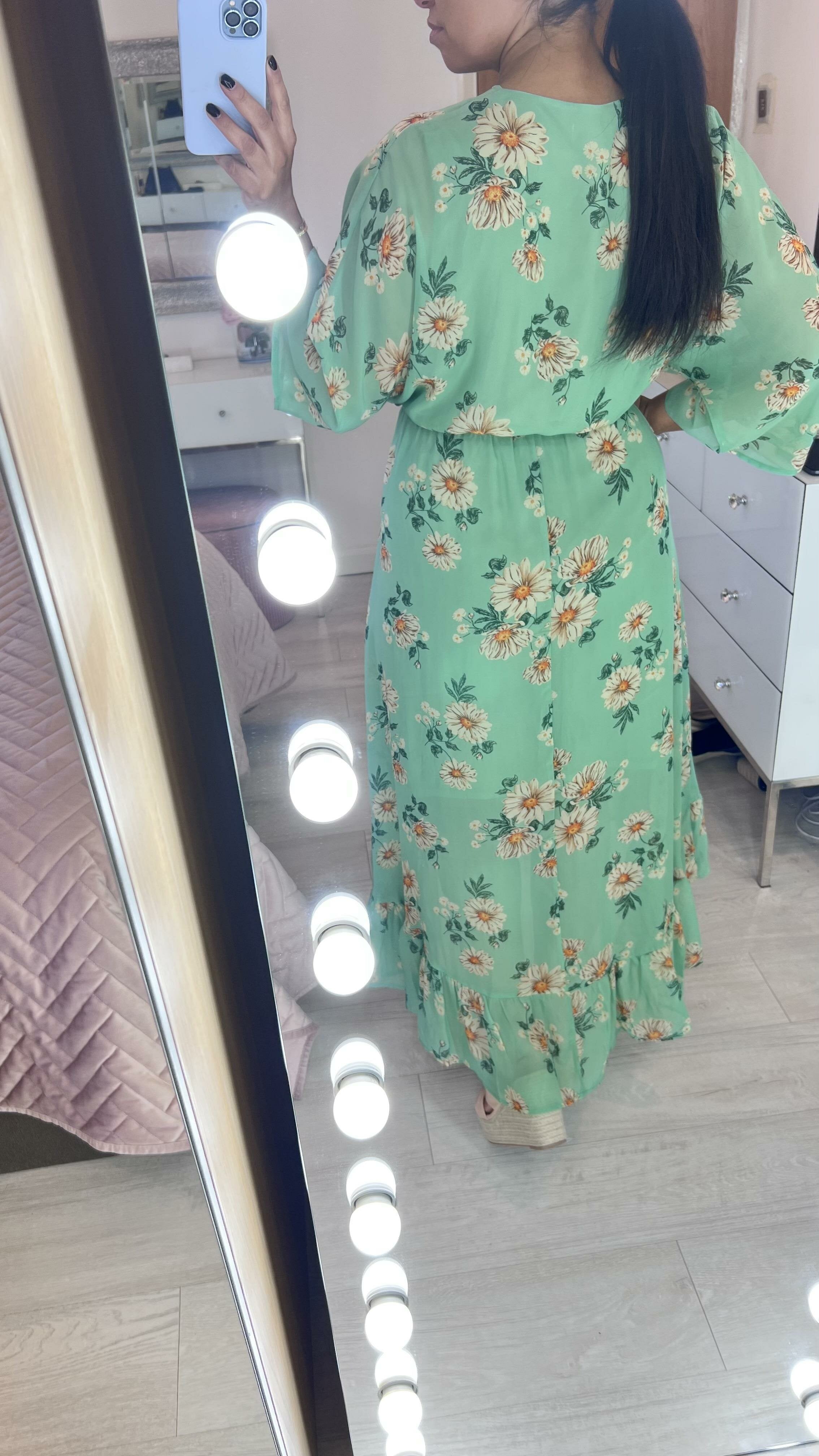 Cristala Green Floral Print Dip Hem Ruffle Dress