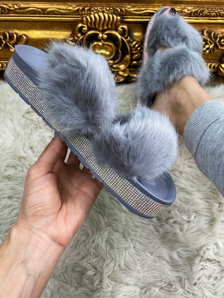 Ariela Faux Fur Diamante Detailed Slip On Sliders