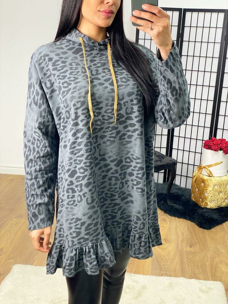 Rosabella Leopard print Frill Hem Hooded Sweatshirt