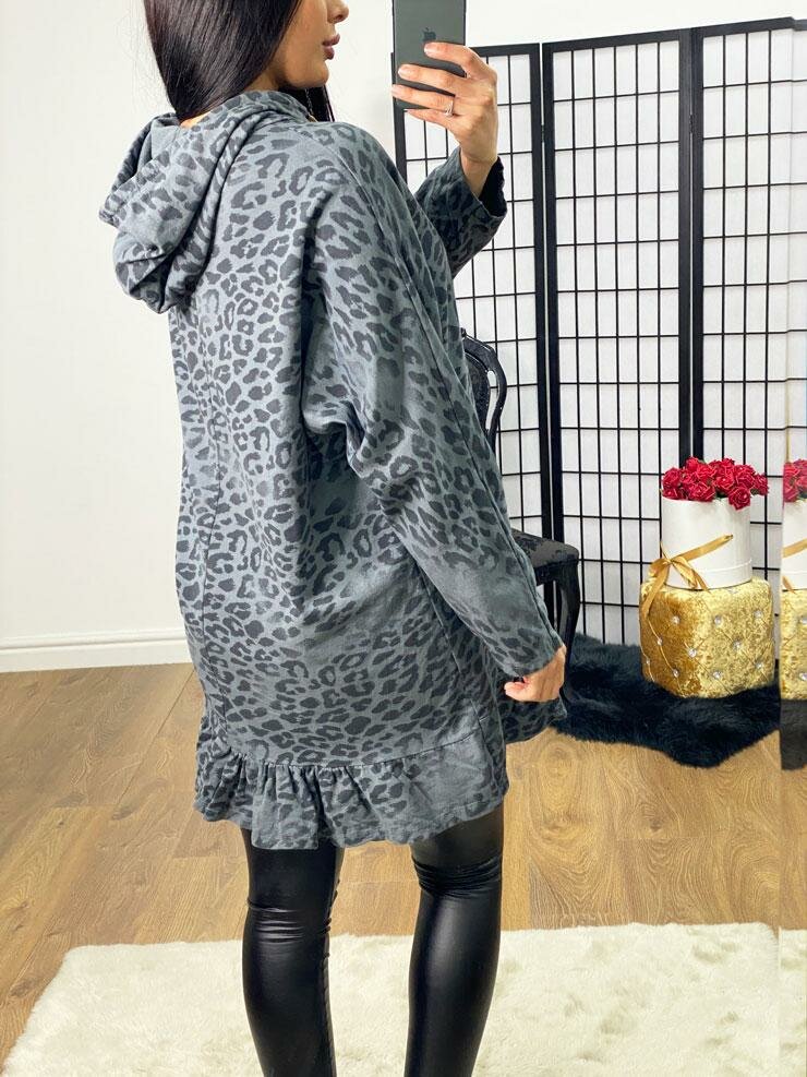 Rosabella Leopard print Frill Hem Hooded Sweatshirt