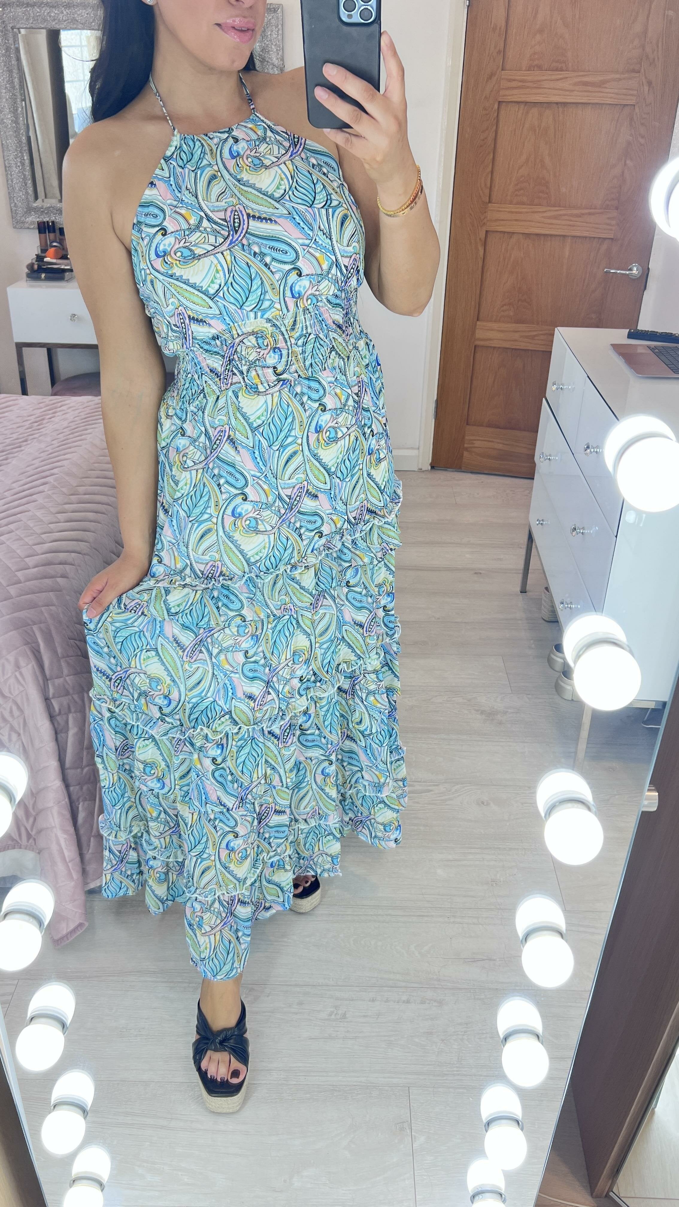 Hilarina Multi Blue Paisley Print Tiered Hem Maxi Dress