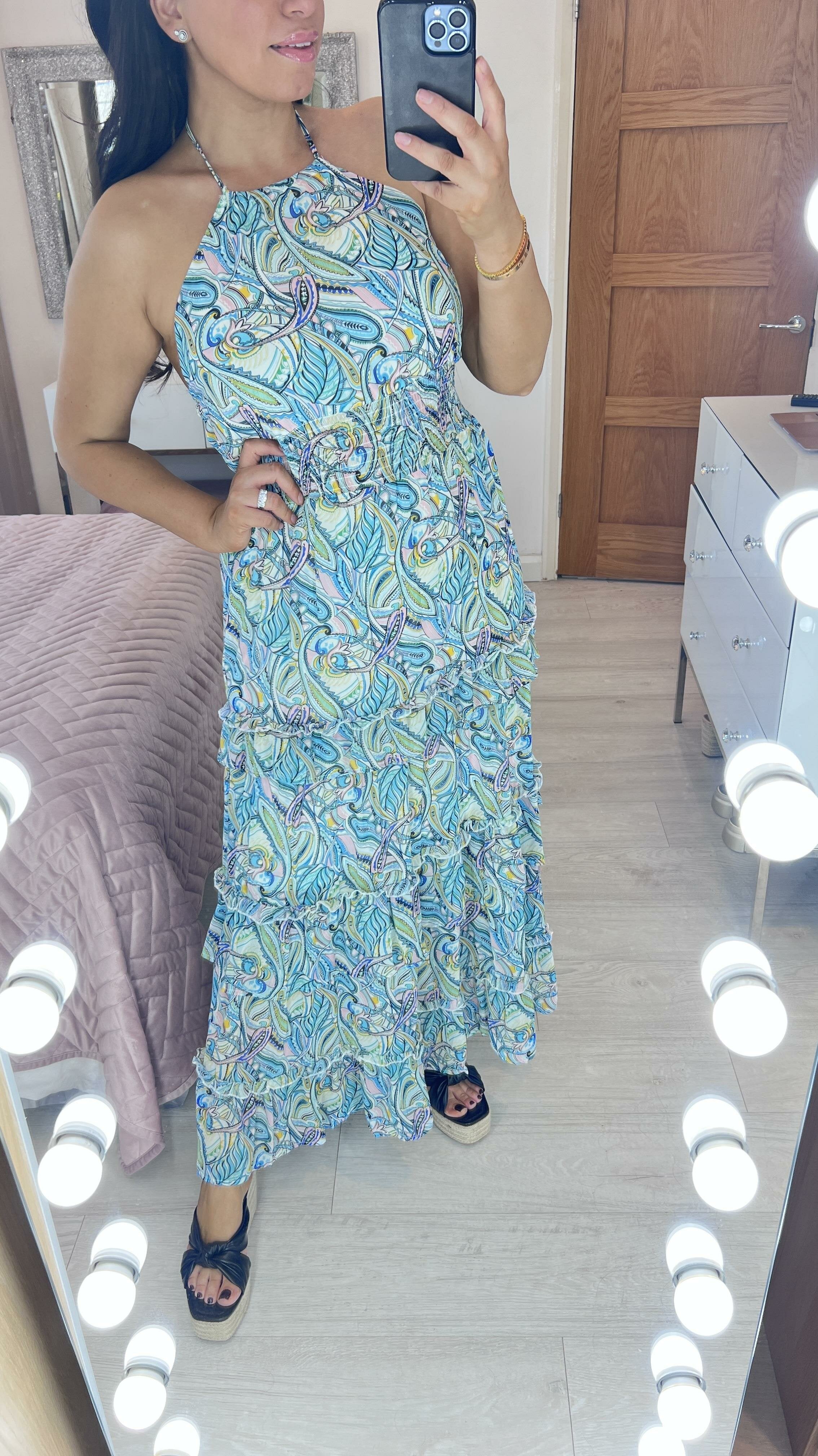 Hilarina Multi Blue Paisley Print Tiered Hem Maxi Dress