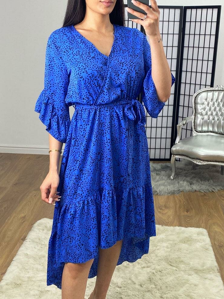 Inesa Royal Blue Wrap Frill Tie Waist Detailed Printed Dress