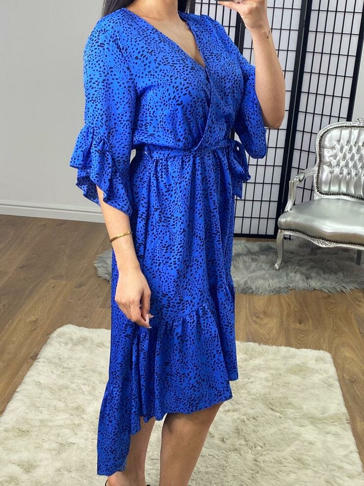 Inesa Royal Blue Wrap Frill Tie Waist Detailed Printed Dress
