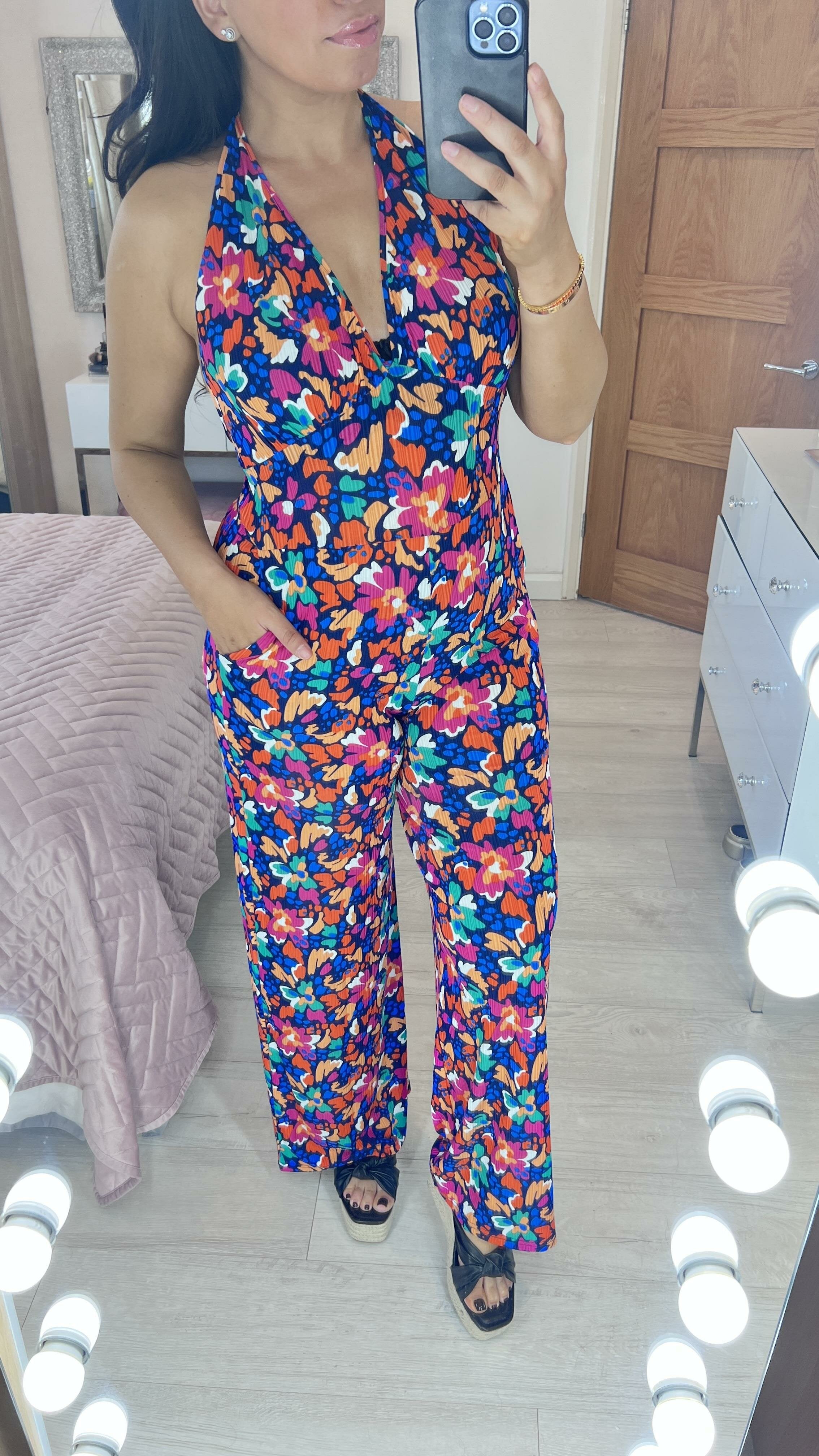 Fame Multi Floral Print Halter Neck Jumpsuit