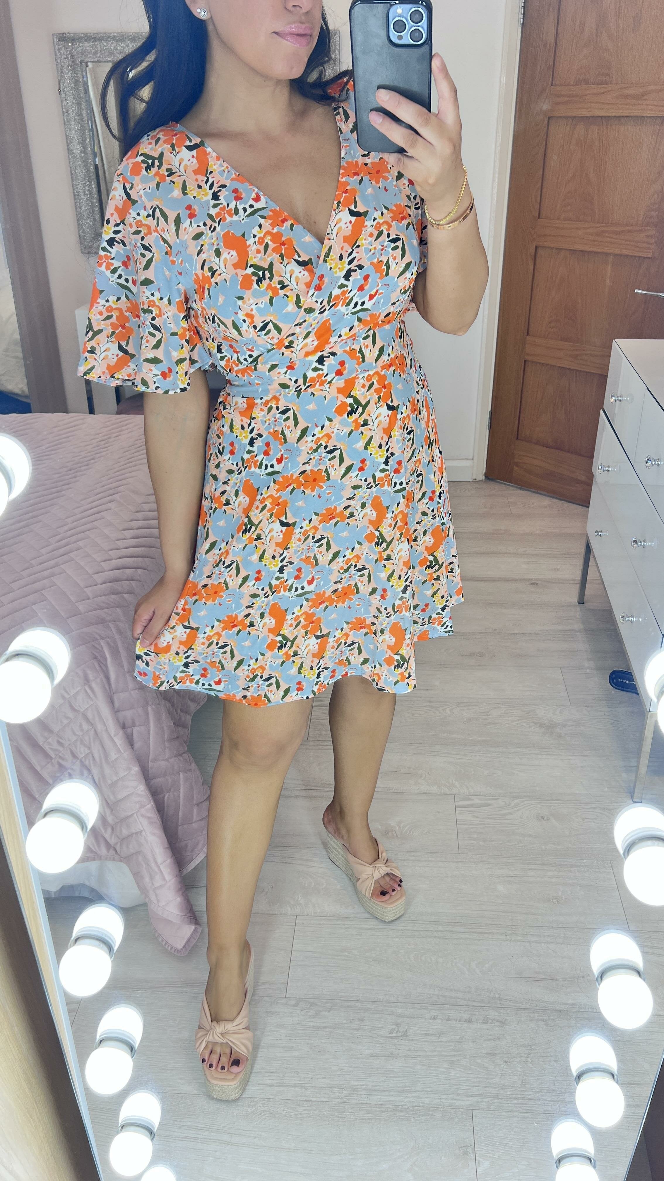 Danby Orange Blurred Floral Print Floaty Dress