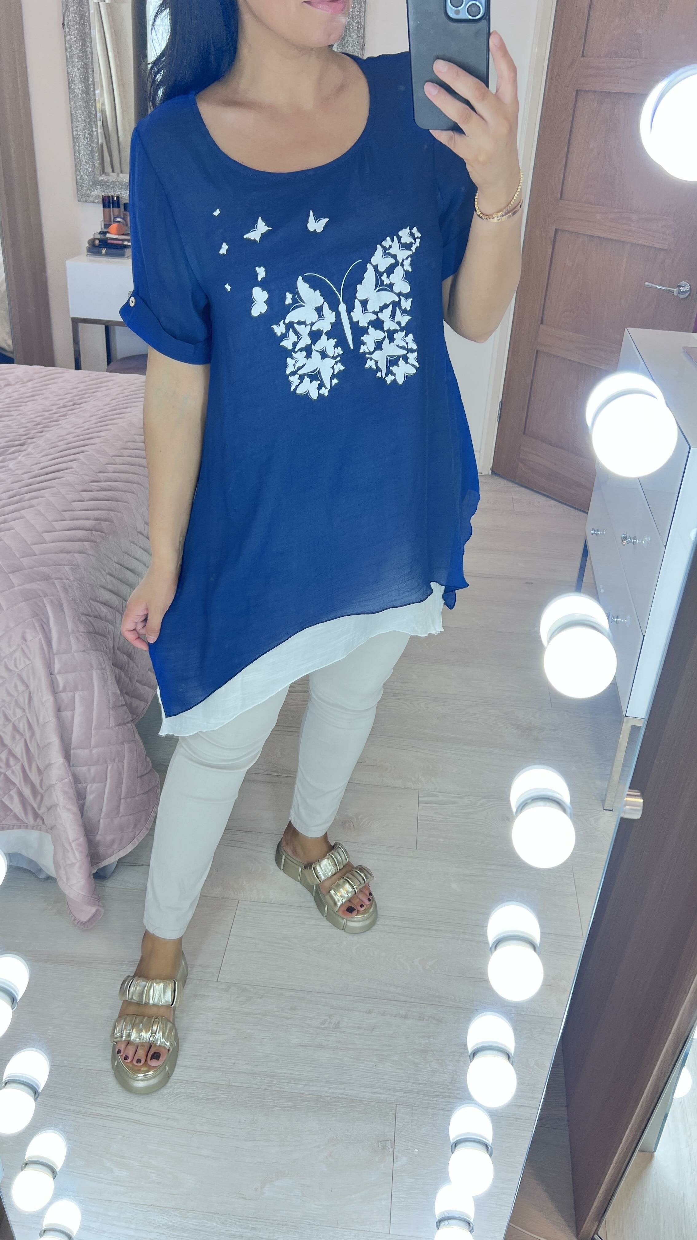 Stiliana Navy Double Layer Butterfly Motif Top