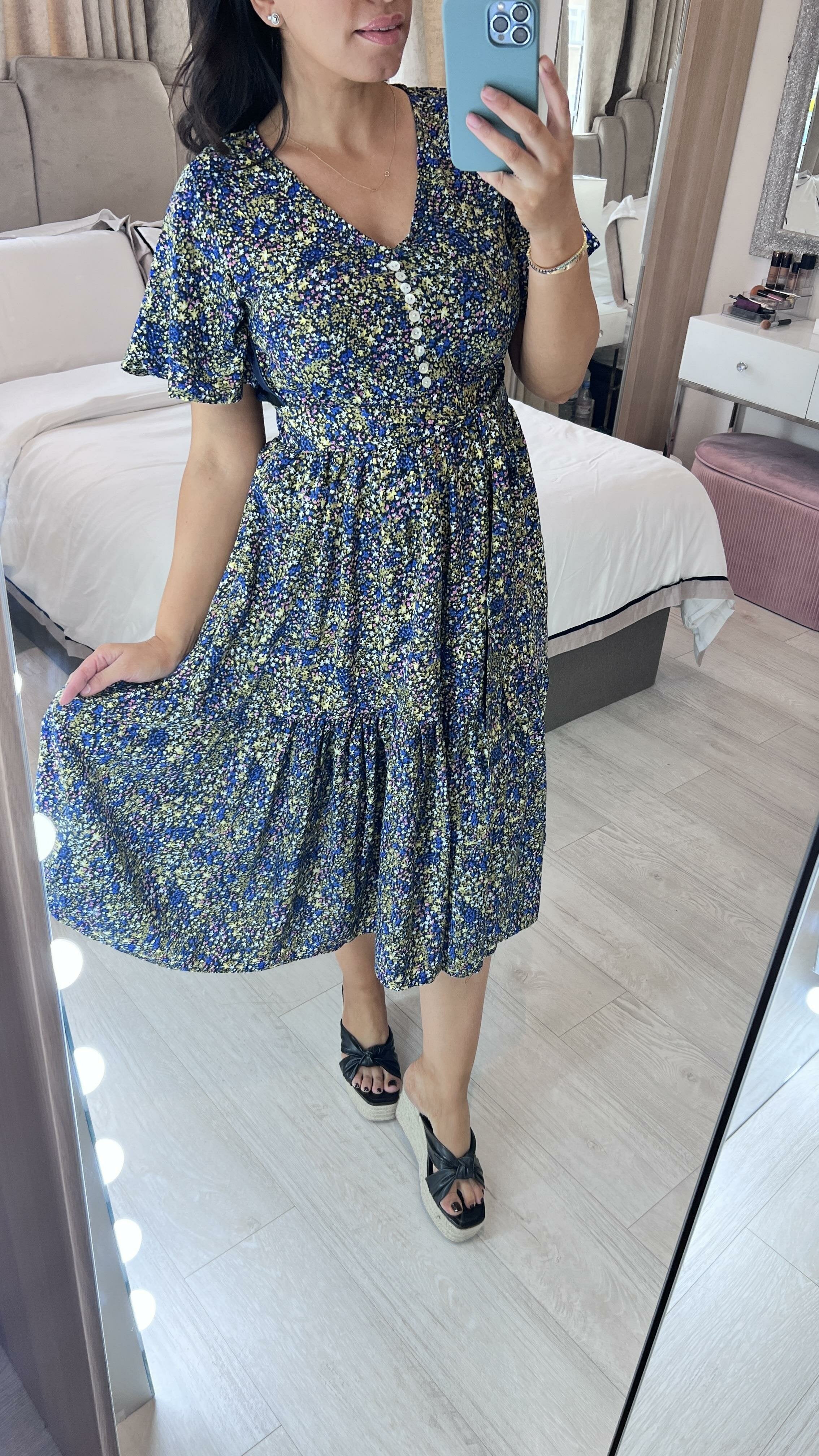 Barbs Navy Ditsy Floral Print Tiered Hem Dress
