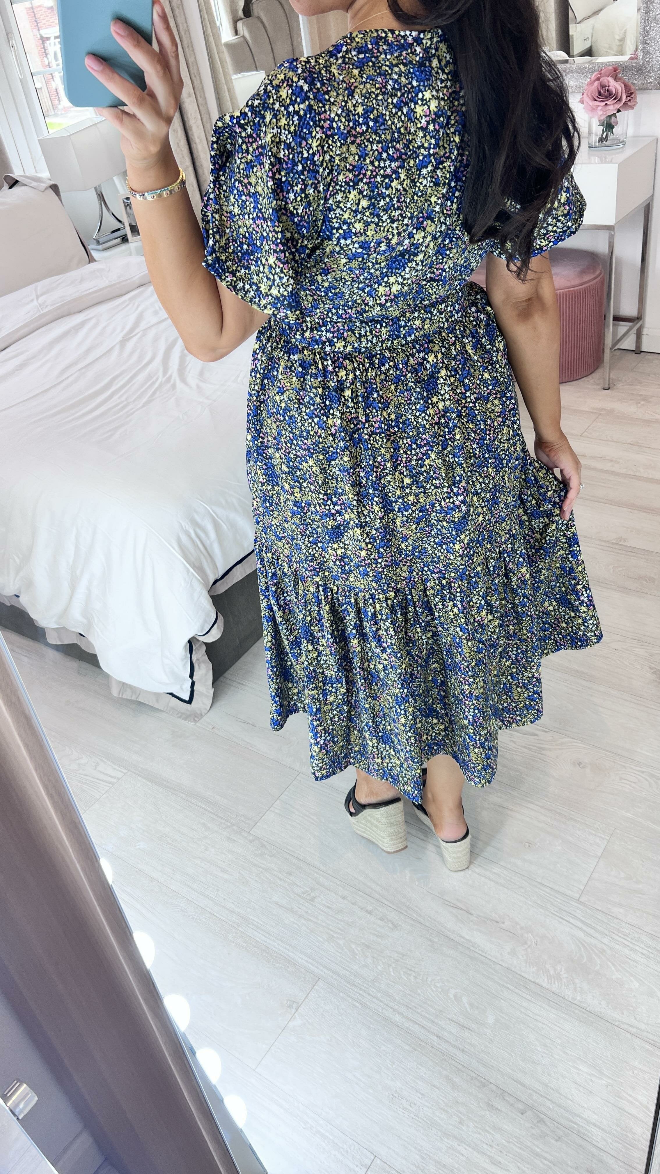 Barbs Navy Ditsy Floral Print Tiered Hem Dress