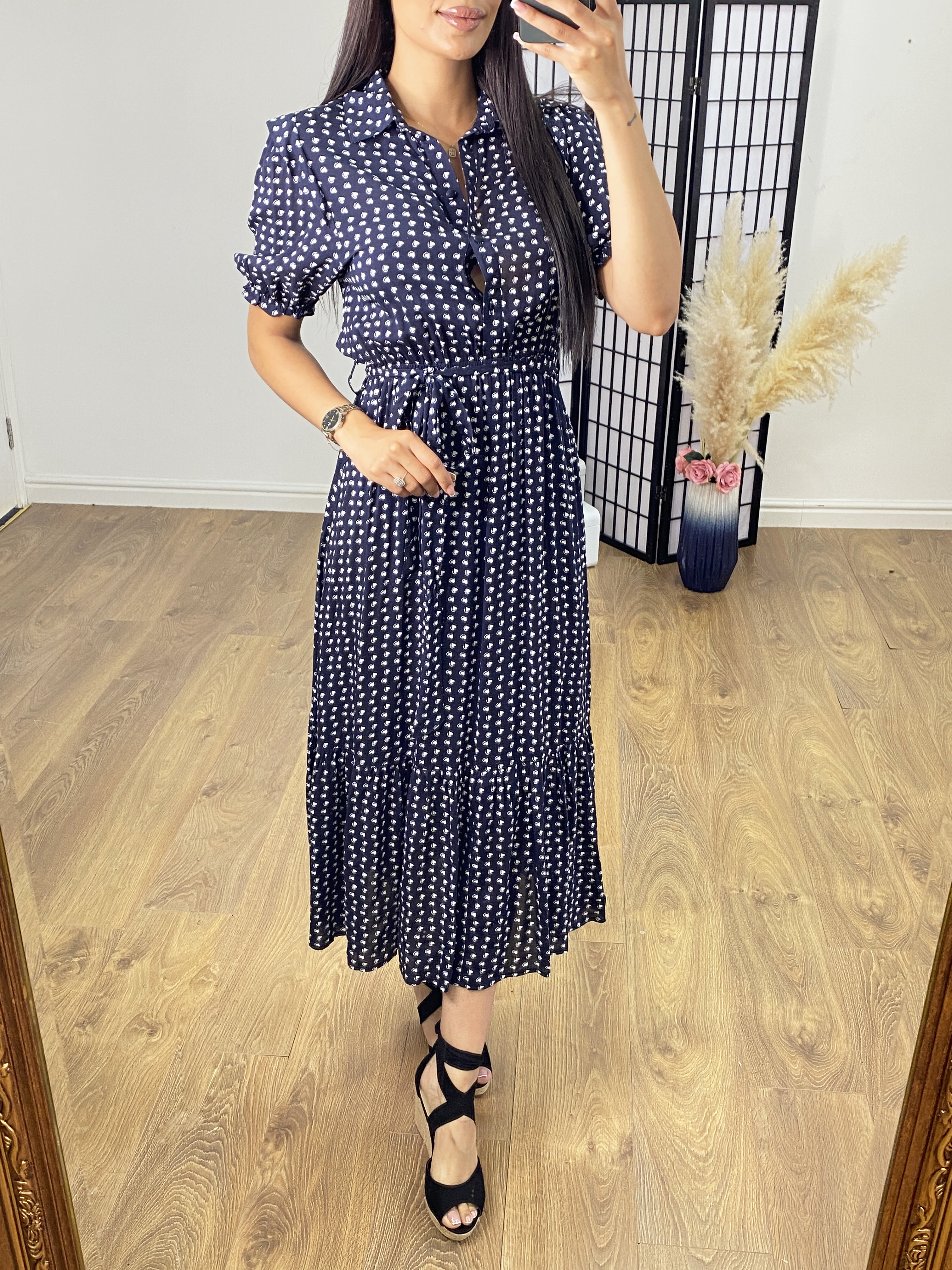 Caprio Navy Heart Print Maxi Tea Dress