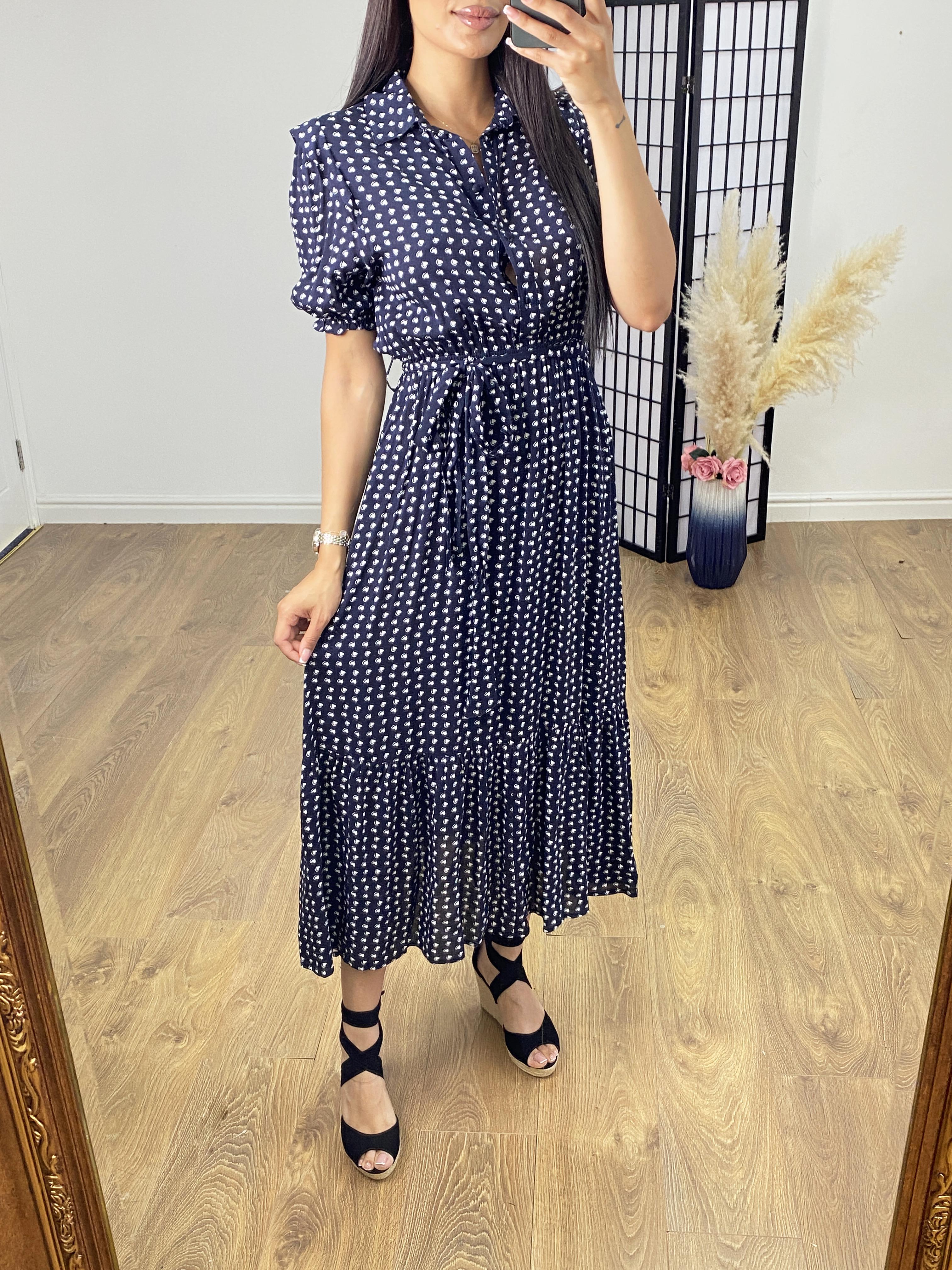 Caprio Navy Heart Print Maxi Tea Dress
