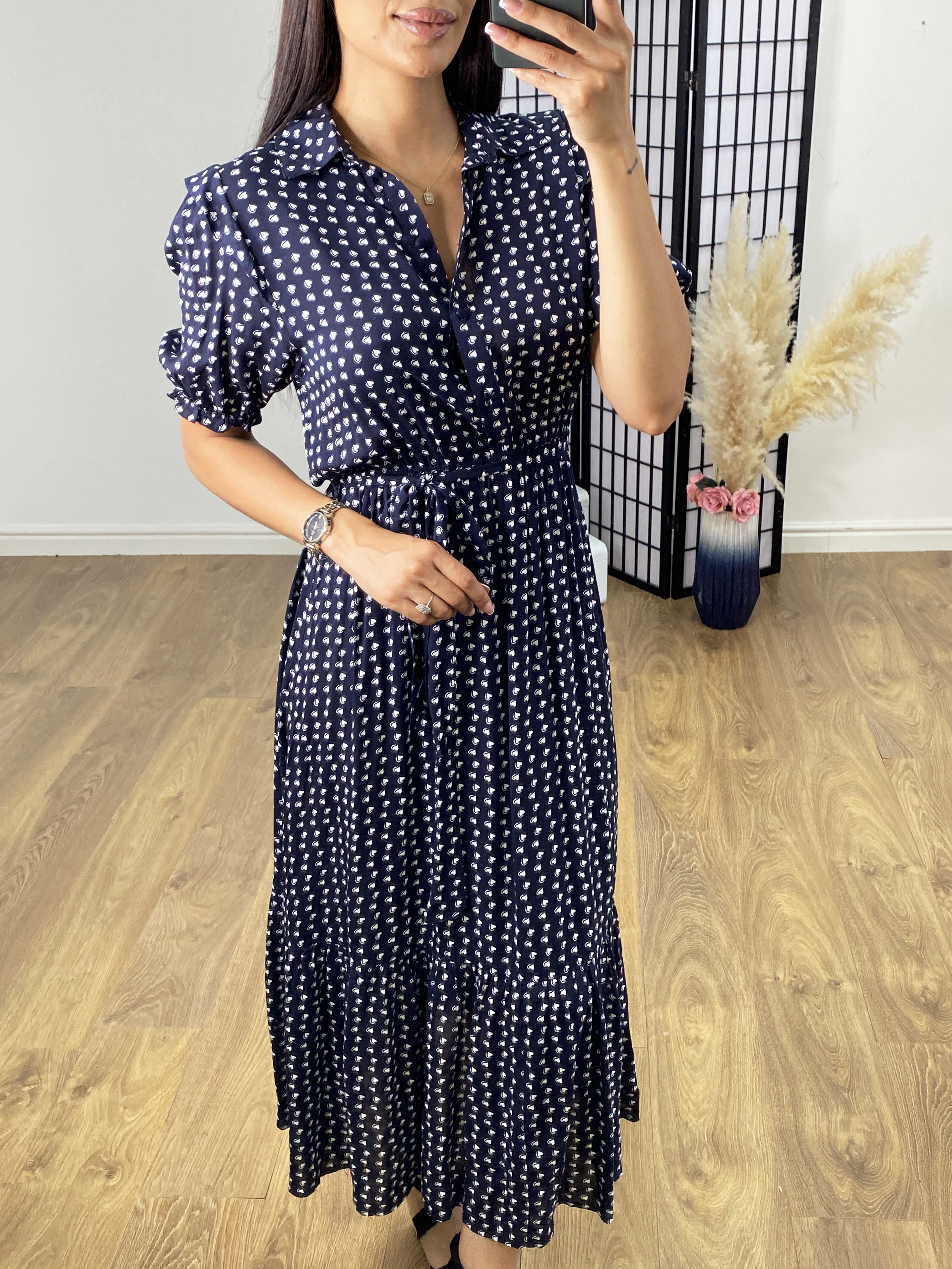 Caprio Navy Heart Print Maxi Tea Dress