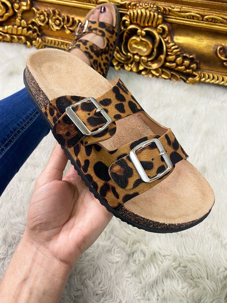 Roka Leopard Faux Suede Double Strap Buckle Detailed Sliders