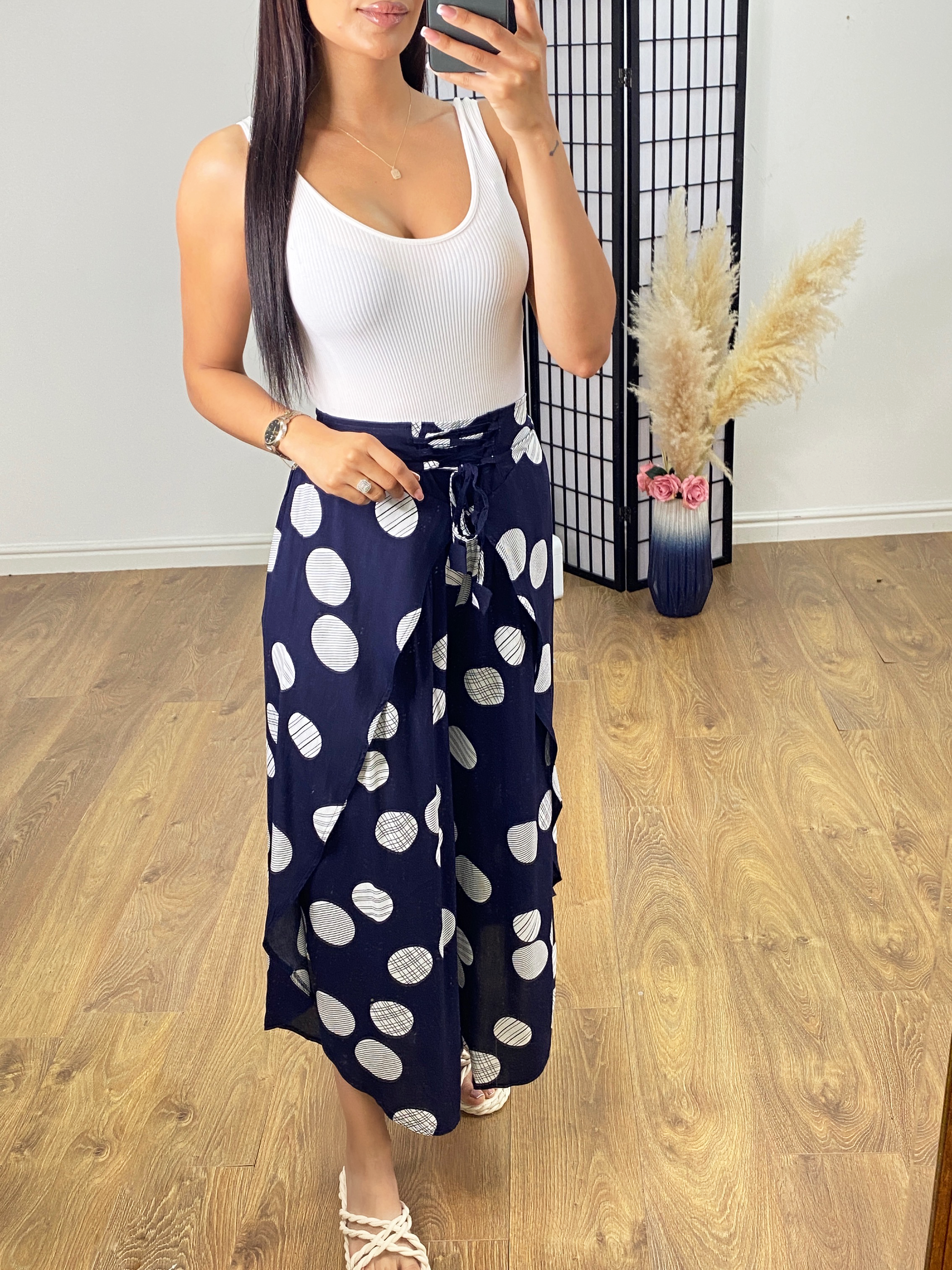 Kemp Navy Polka Dot Split Side Harem Trouser