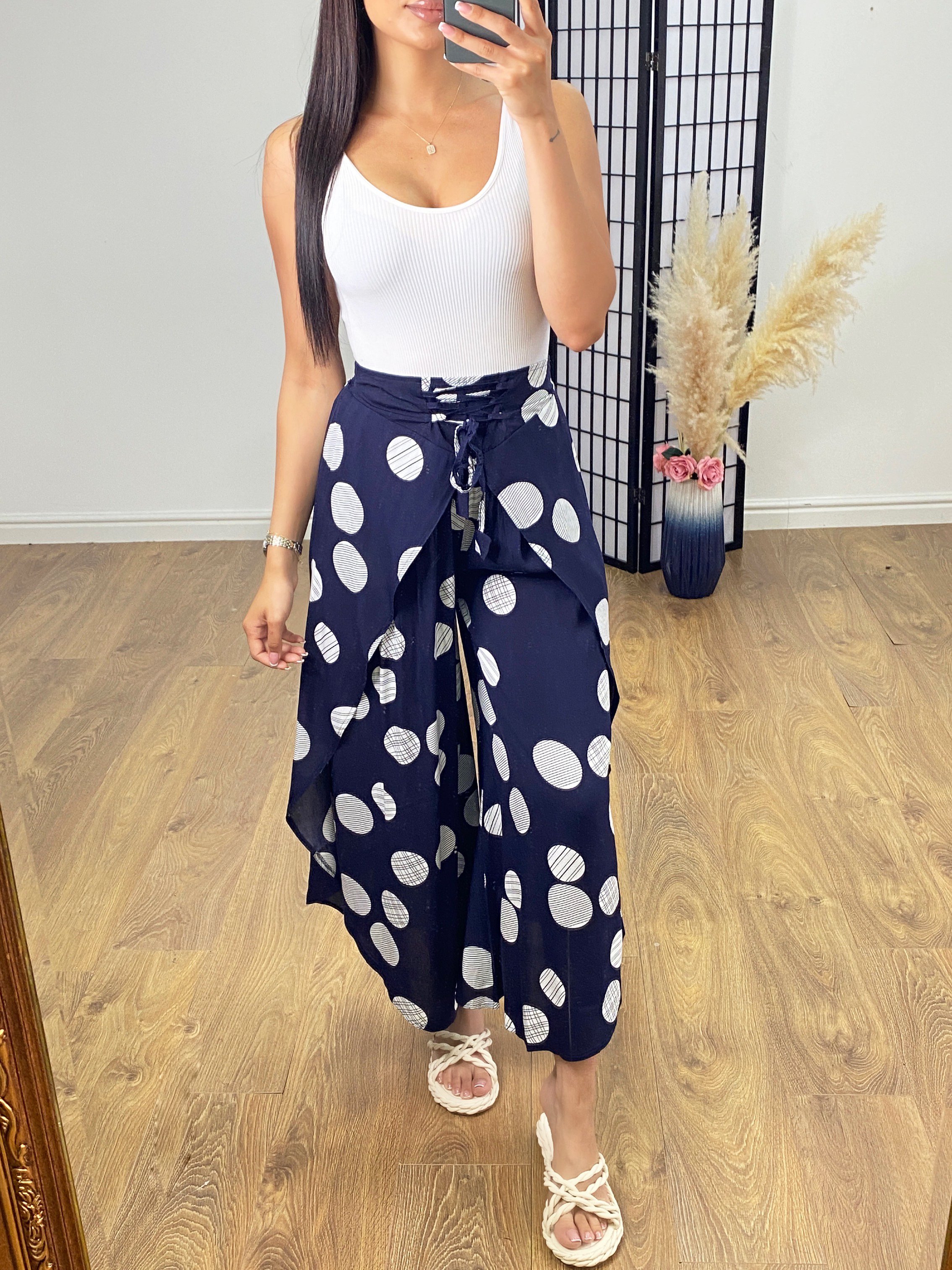 Kemp Navy Polka Dot Split Side Harem Trouser