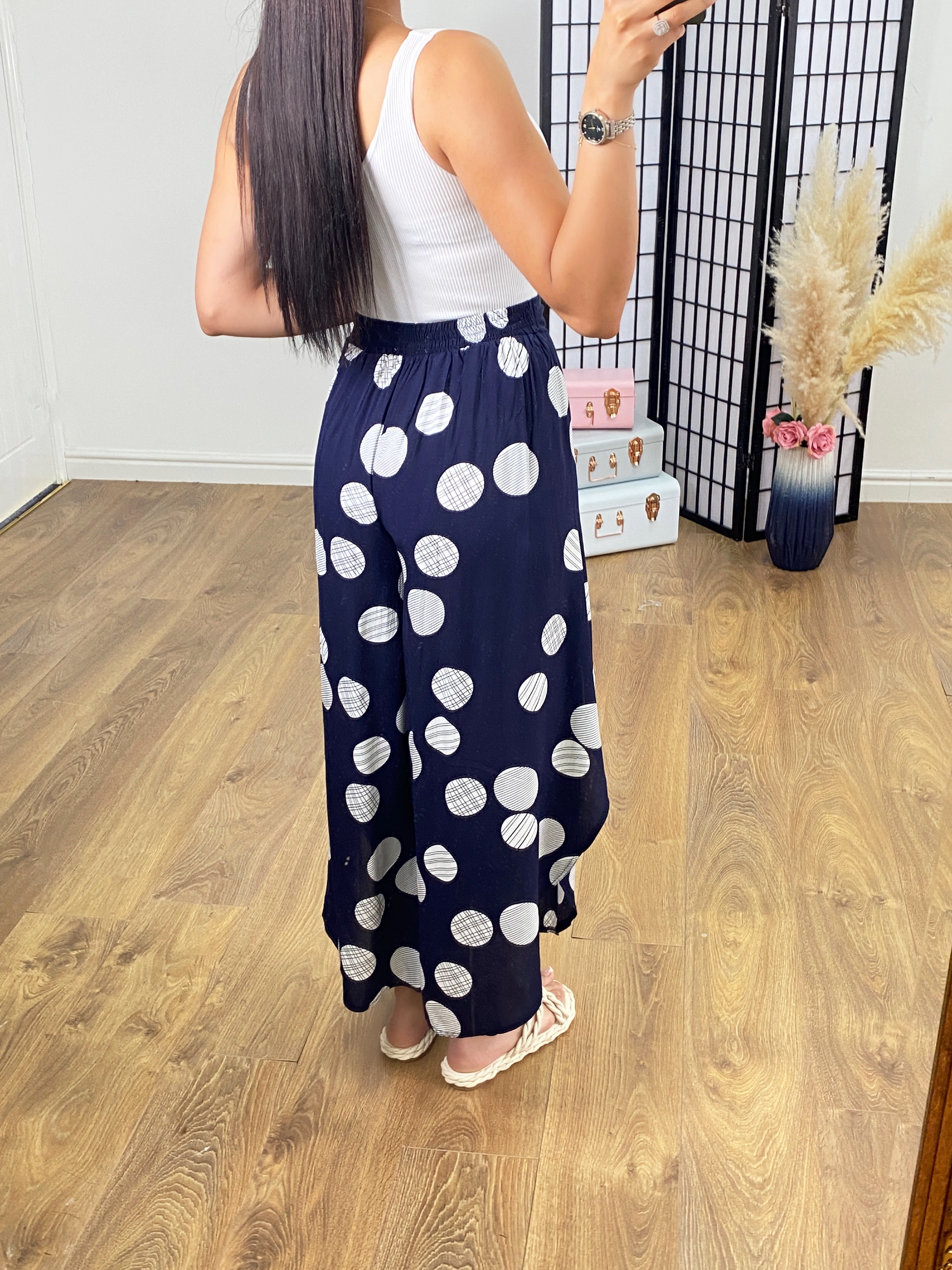 Kemp Navy Polka Dot Split Side Harem Trouser
