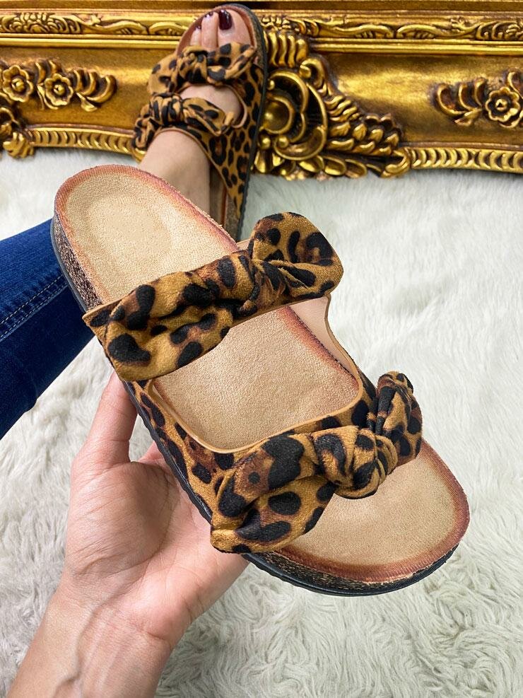 Beth Leopard Faux Suede Bow Strappy Sliders