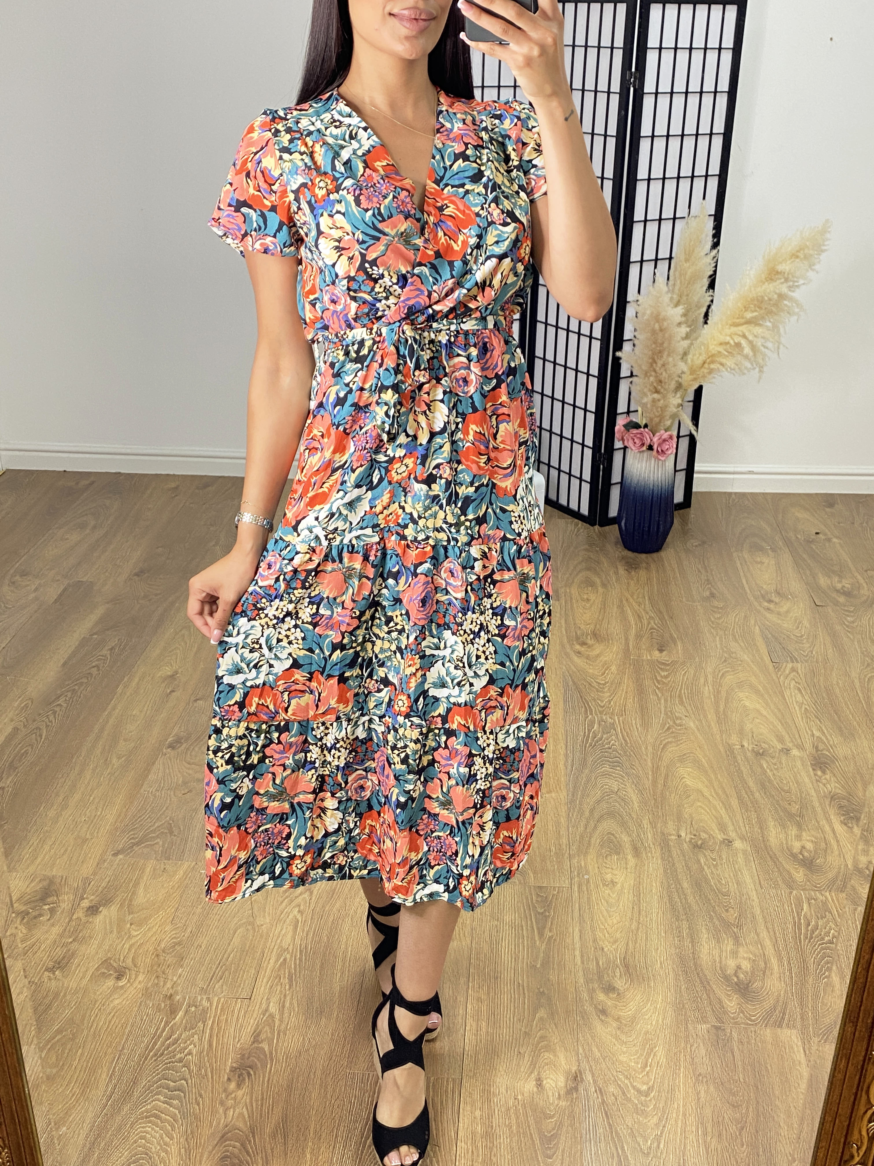 Bellissi Teal Wrap Effect Bold Floral Dress