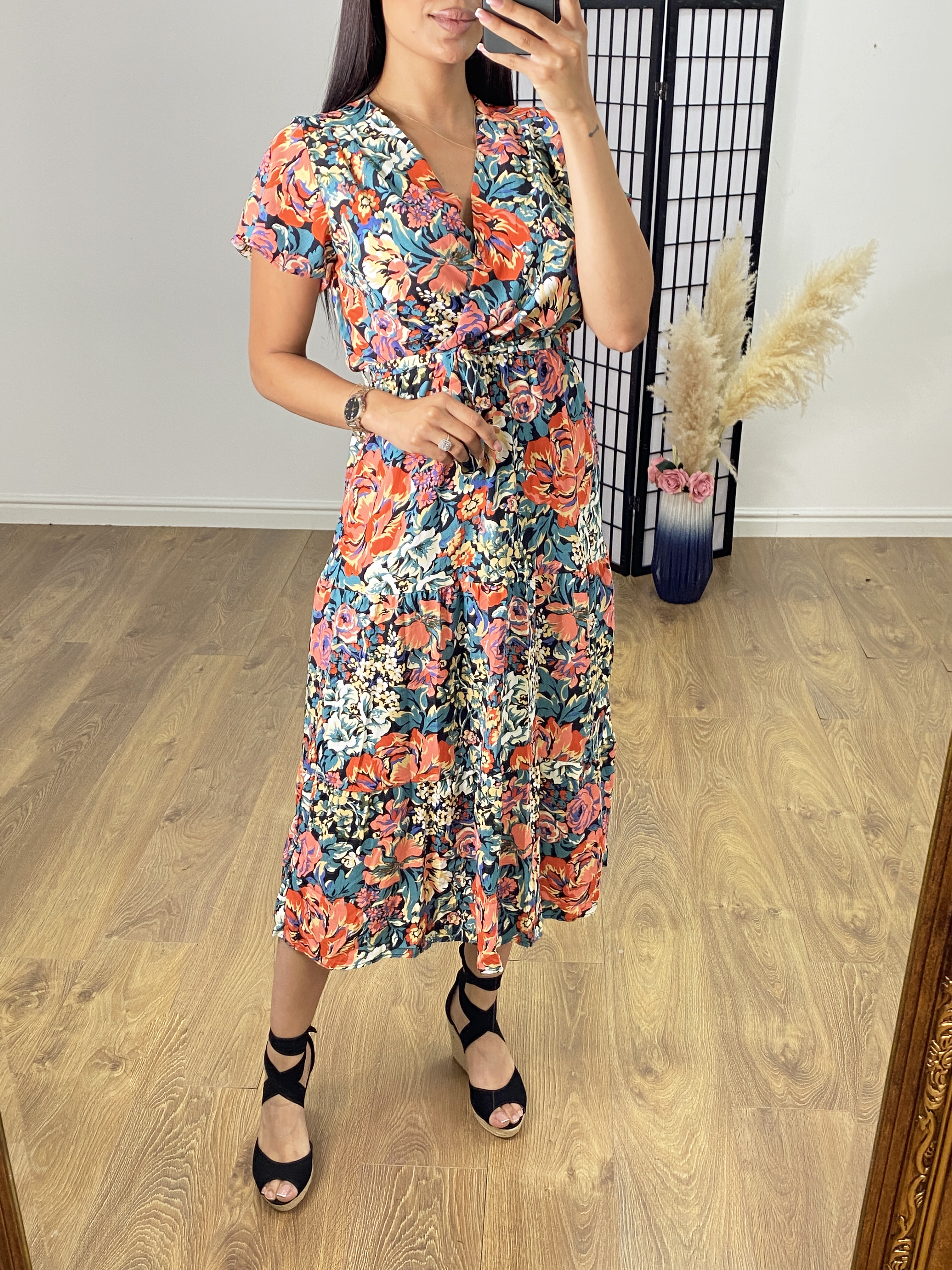 Bellissi Teal Wrap Effect Bold Floral Dress