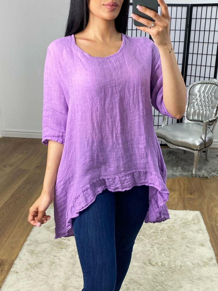 Shola Linen Dipped Hem Frill Detail Top