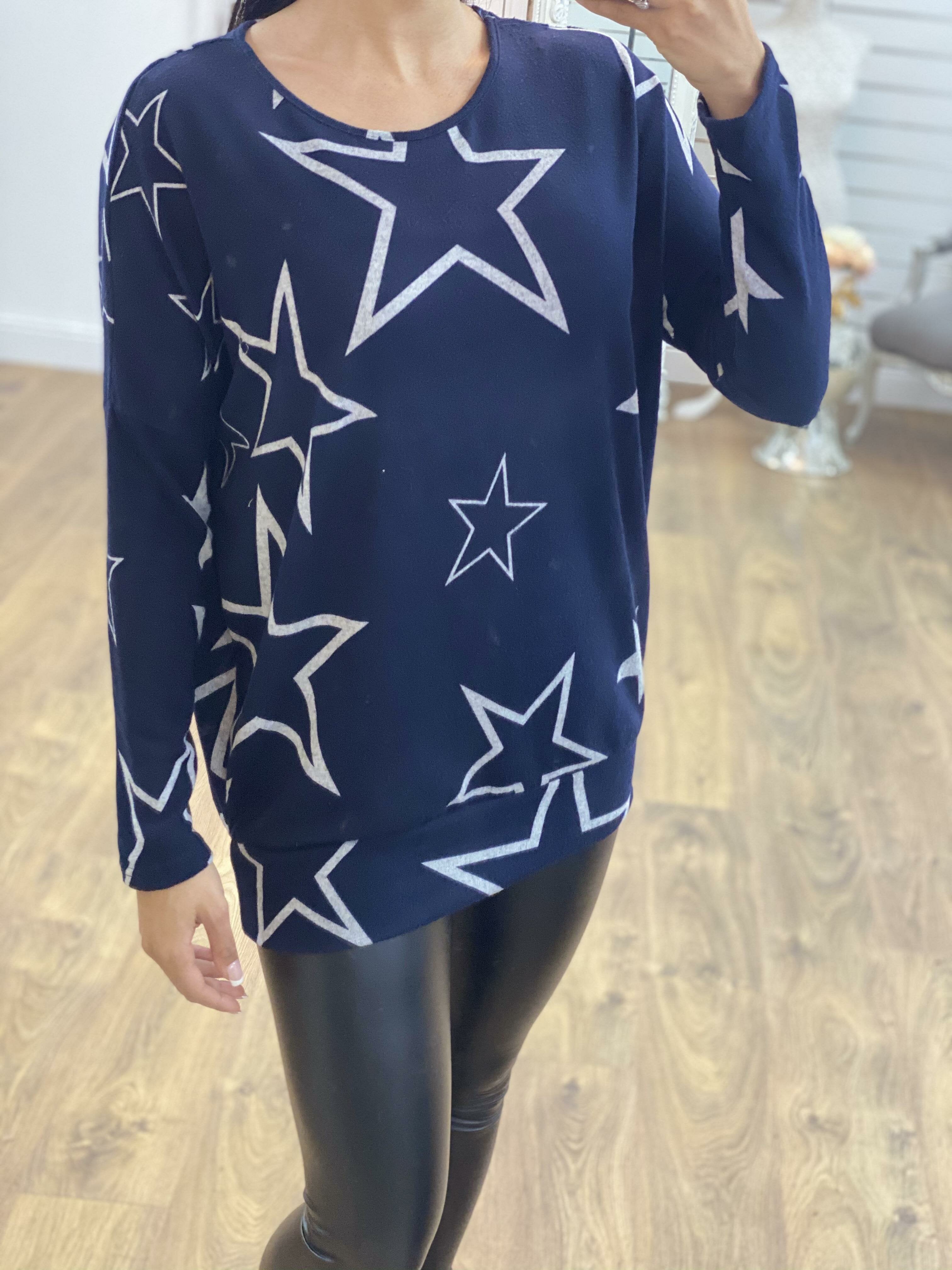 Theodora Navy Star Print Super Soft Thin Top