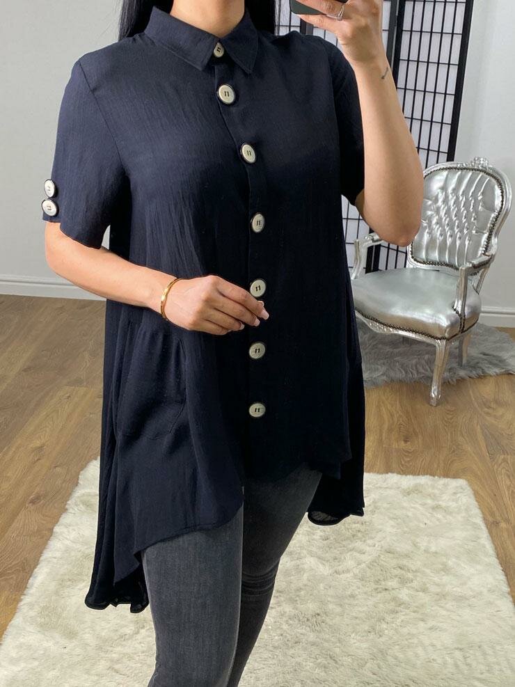 Naysia Black Linen Style Dipped Hem Button Shirt