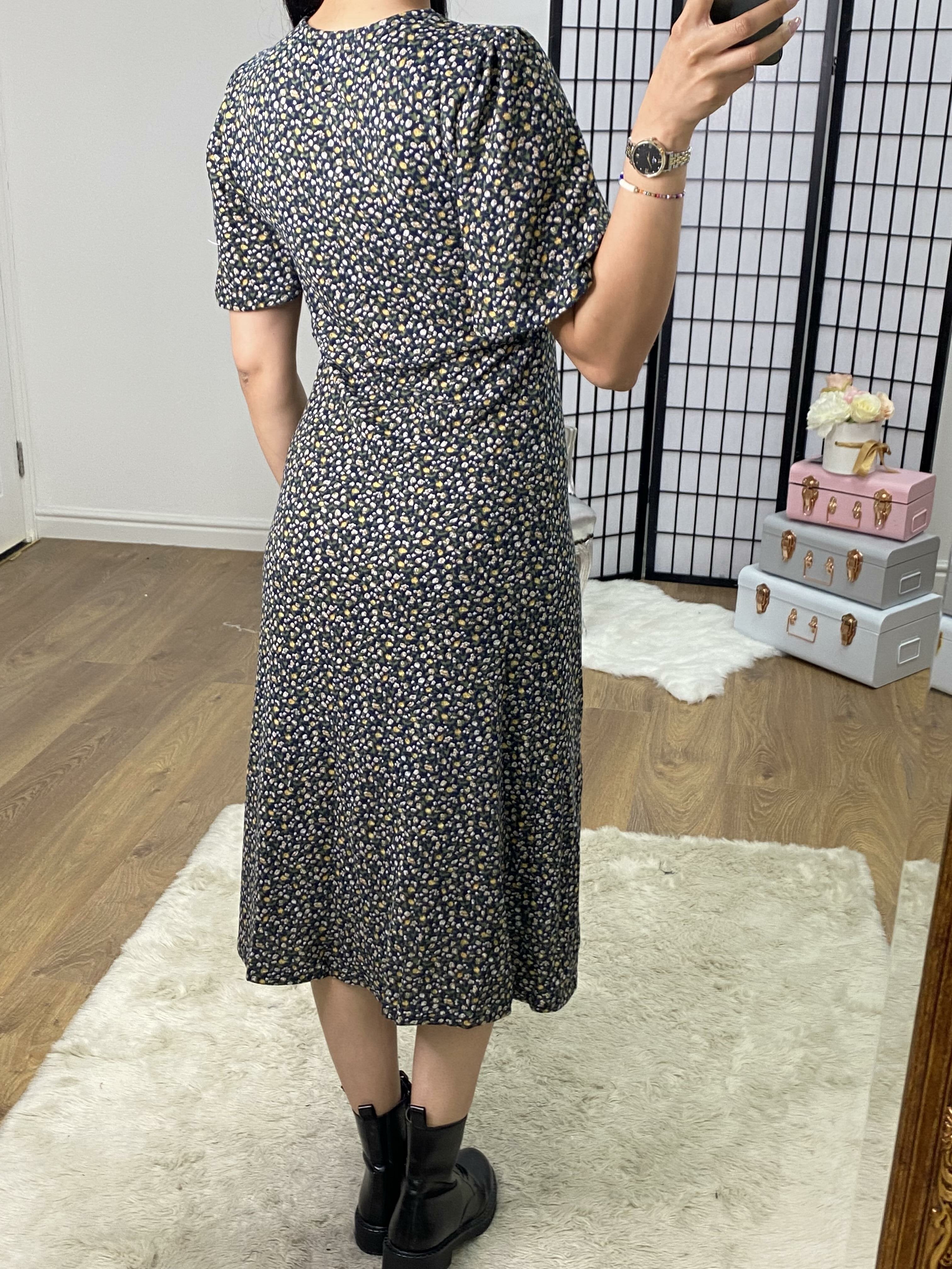 Kariney Navy Paisley Print Split Detailed Midi Dress