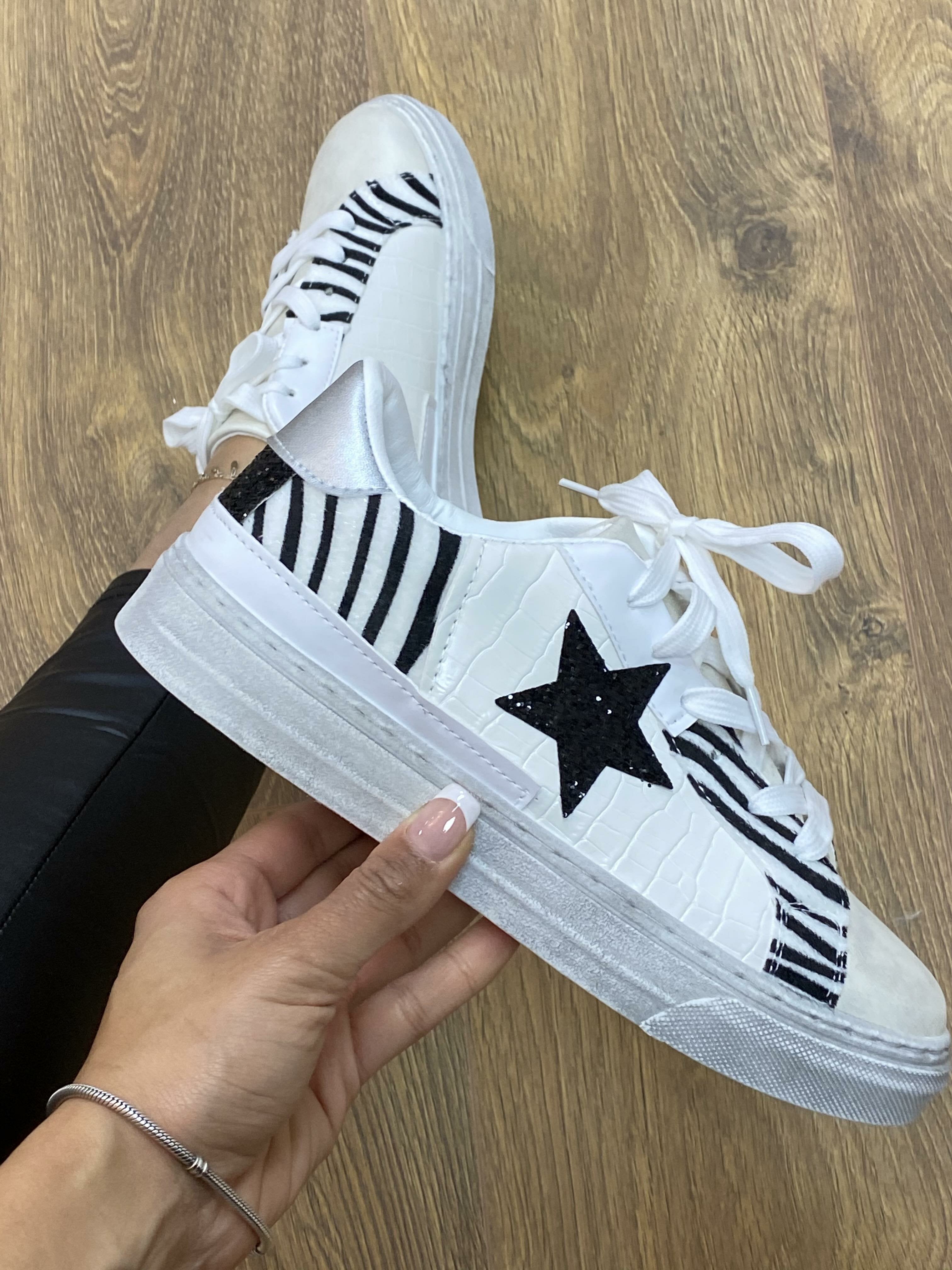 Katie White Croc Zebra Star Printed Faux Leather Trainers