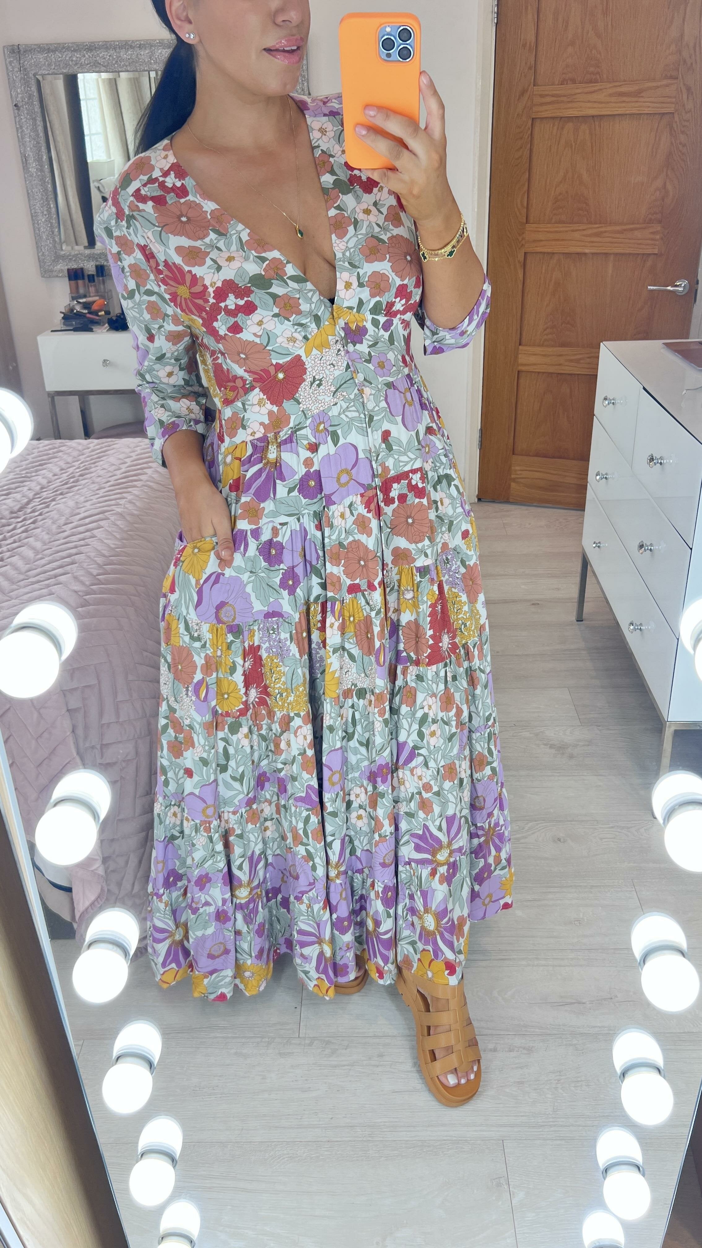 Andriana Multi Purple Floral Print Tiered Hem Maxi Dress
