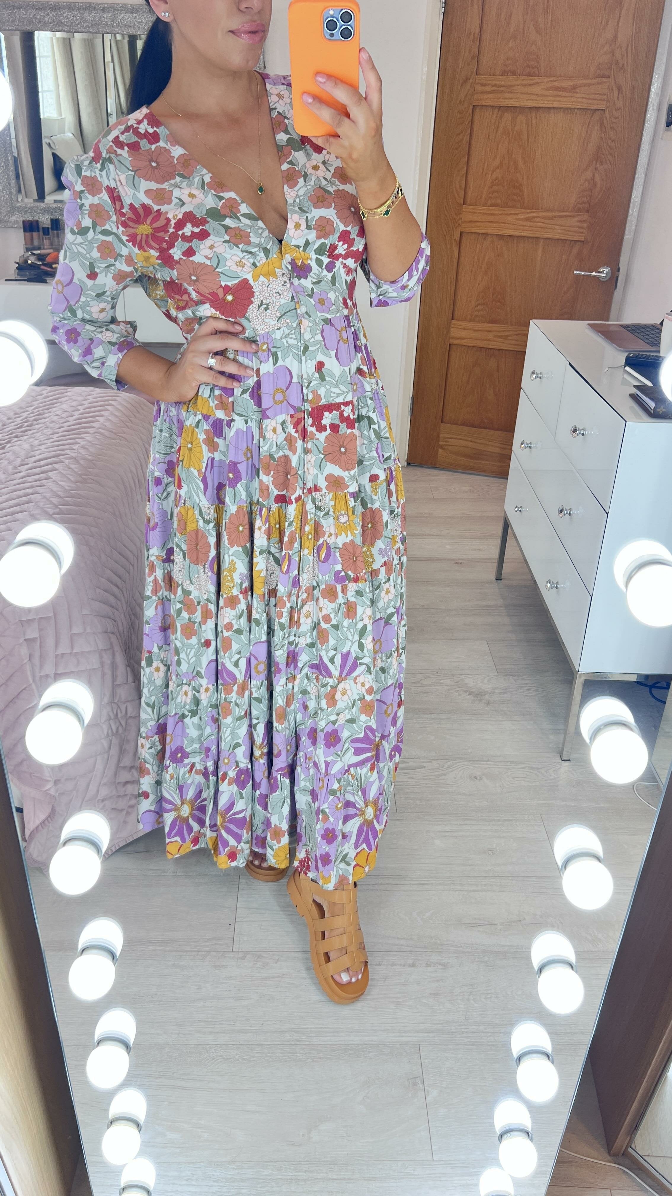 Andriana Multi Purple Floral Print Tiered Hem Maxi Dress