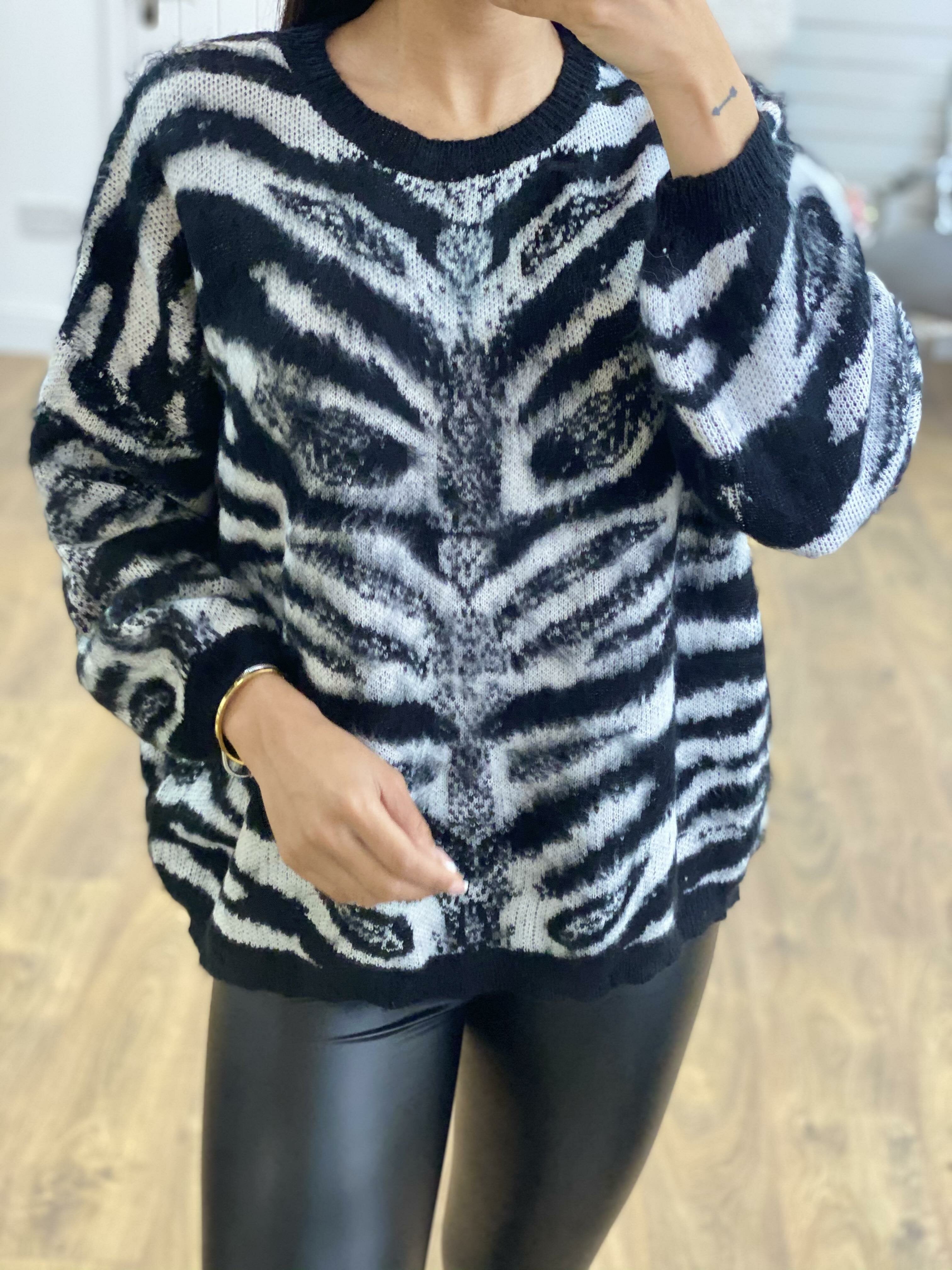 Anya Zebra Print Fluffy Loose Fit Knitted Jumper